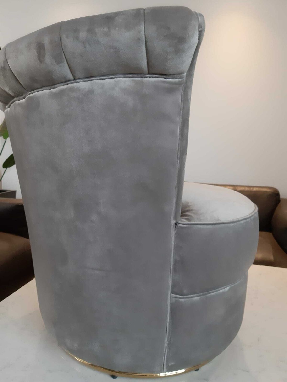 photo buy Fluted Back Lounge Dressing Room Chair Gold Swivel Base Grey Crushed Velvet