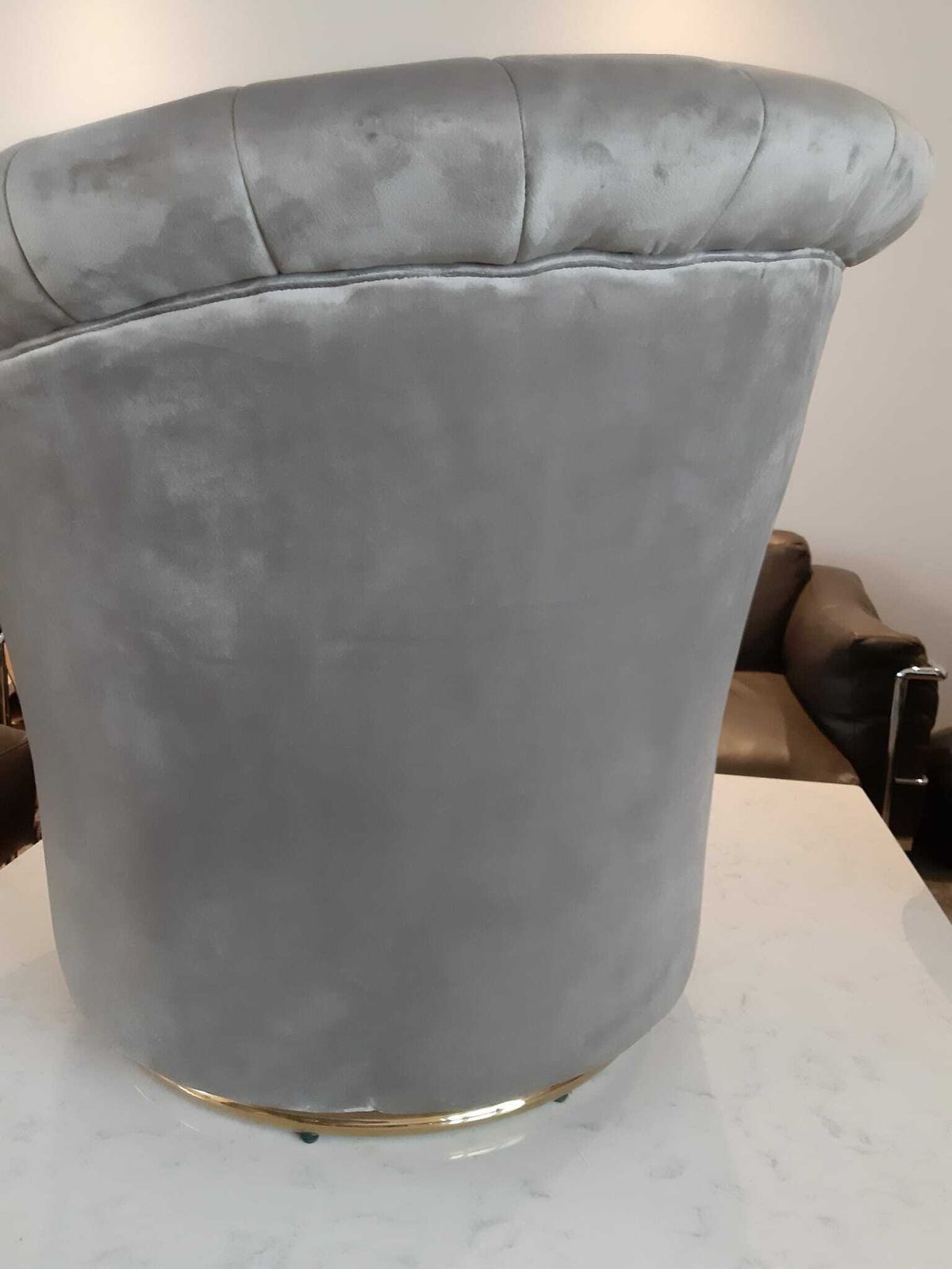 Fluted Back Lounge Dressing Room Chair Gold Swivel Base Grey Crushed Velvet photo 169.0