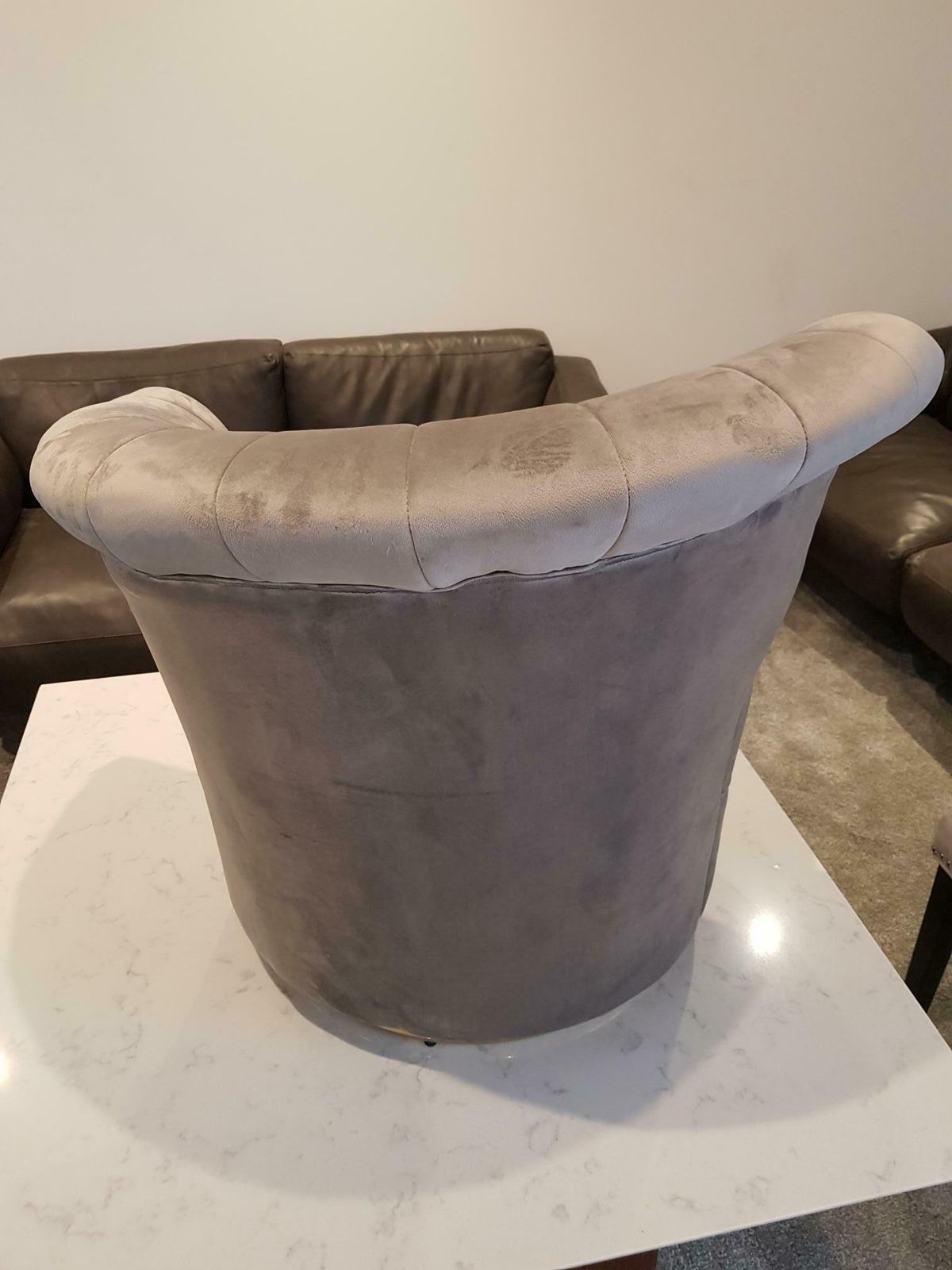 Fluted Back Lounge Dressing Room Chair Gold Swivel Base Grey Crushed Velvet photo Furniture