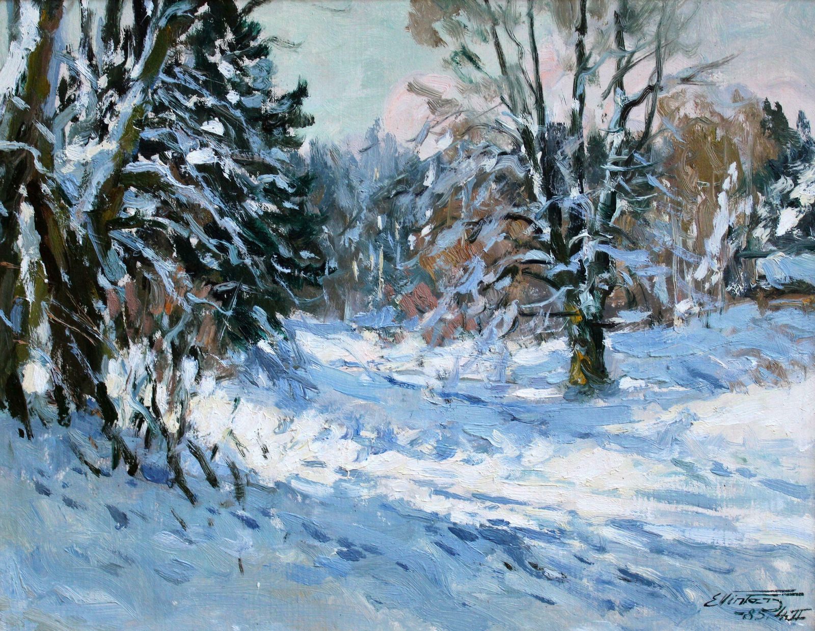 Edgars Vinters Sunny Winter Landscape. 1985, Cardboard, Oil, 45x58 Cm 1985