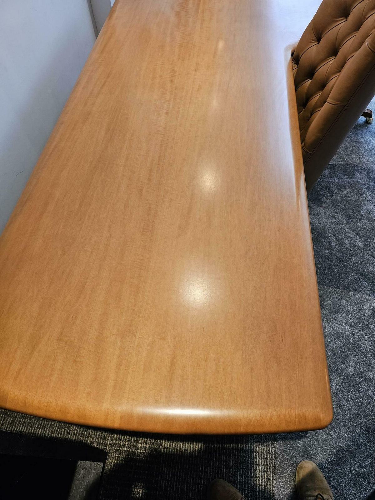 photo furniture Large High Quality Stylish Desk With Meeting End & Pedestal, Gloss Finish, Veneered With Curved Edges