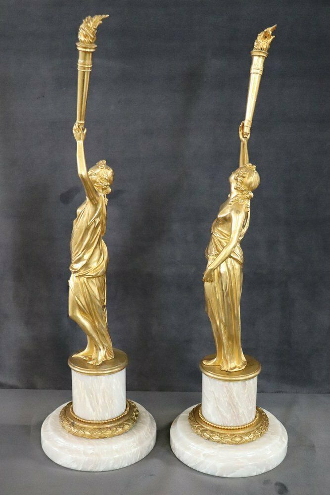 Sculptural Figures, Gilt Bronze On Alabaster Bases, Early 20th Century, Set Of 2 photo for sale