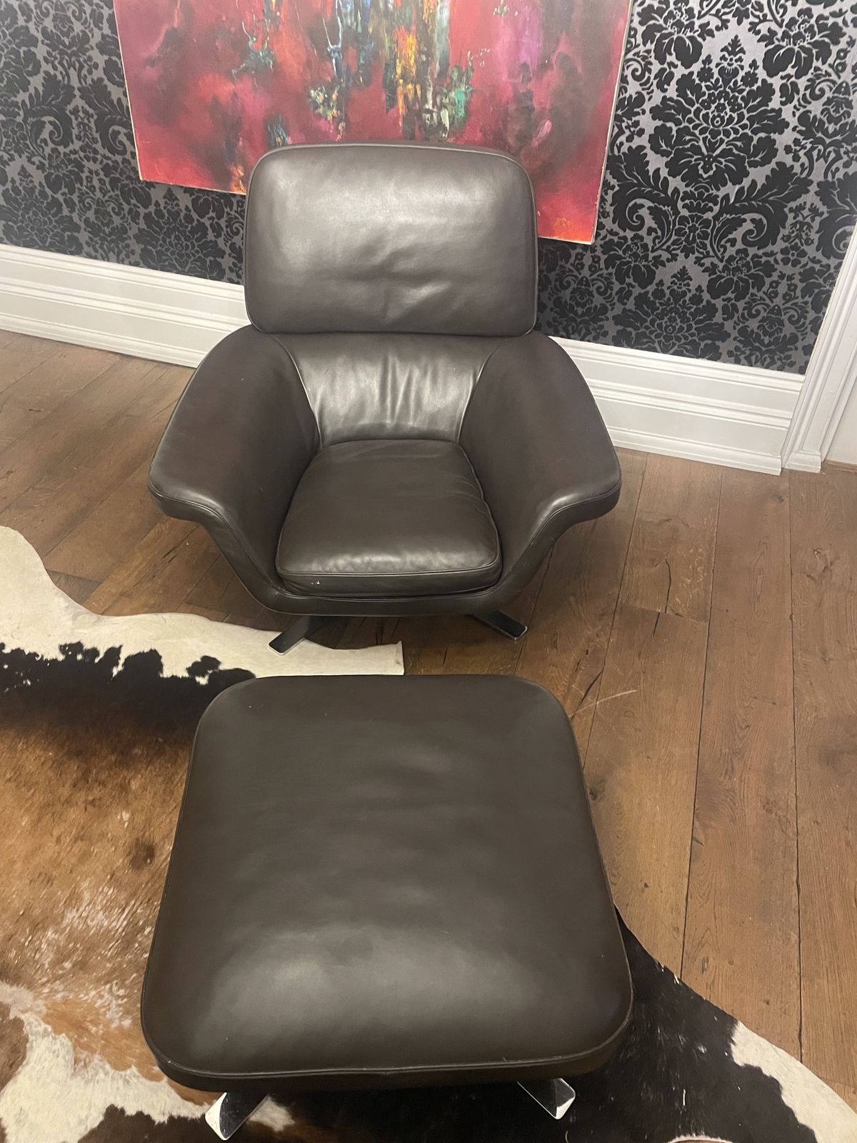 Minotti Blake Soft Pelle Testa Di Moro Dark Brown Leather Armchair And Footstool