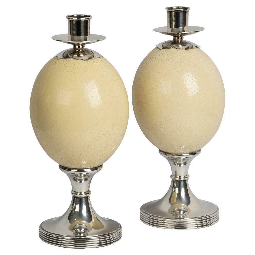 Pair Of Ostrich Egg Mounted Silver Plate Candlesticks, Anthony Redmile C.1970