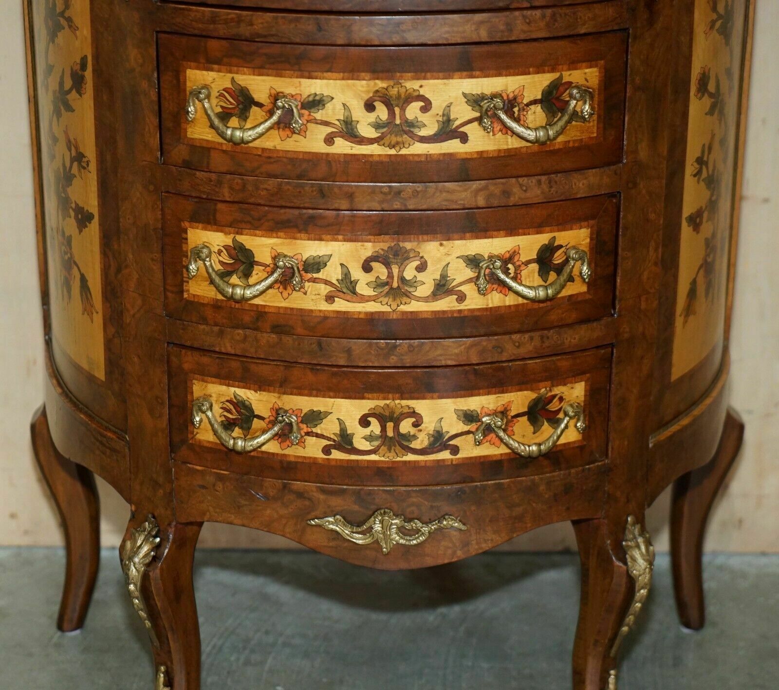 Lovely French Vintage Painted Circa 1940's Burr Walnut Brass Demi Lune Drawers photo 1850.0
