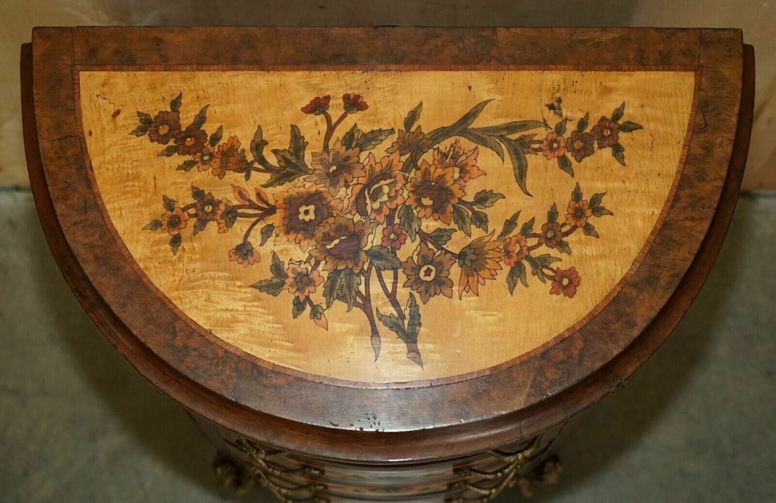 photo vinterior Lovely French Vintage Painted Circa 1940's Burr Walnut Brass Demi Lune Drawers