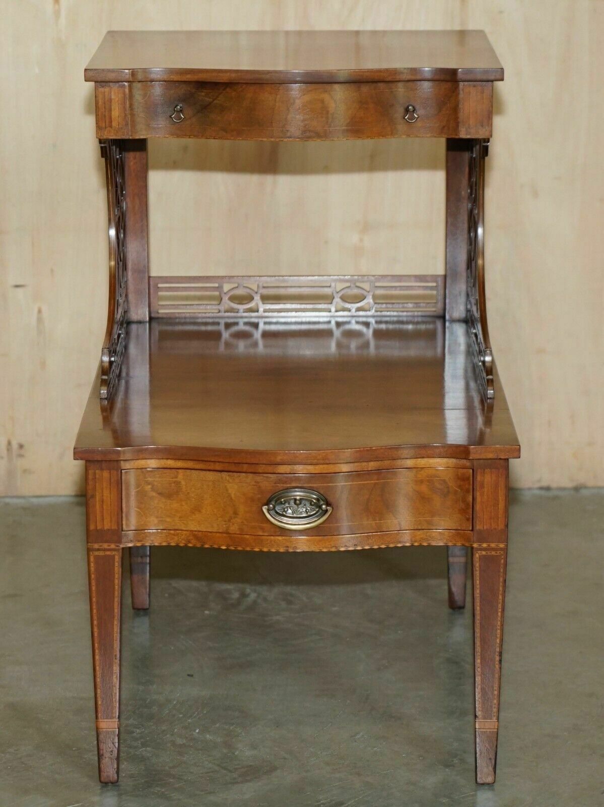 Pair Of Walnut Fret Work Carved Thomas Chippendale Sheraton Revival Side Tables photo for sale