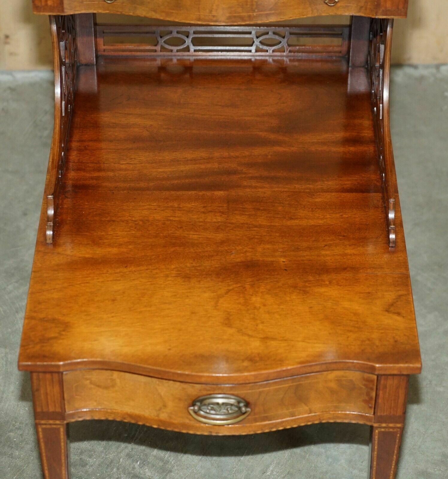 Pair Of Walnut Fret Work Carved Thomas Chippendale Sheraton Revival Side Tables photo vinterior