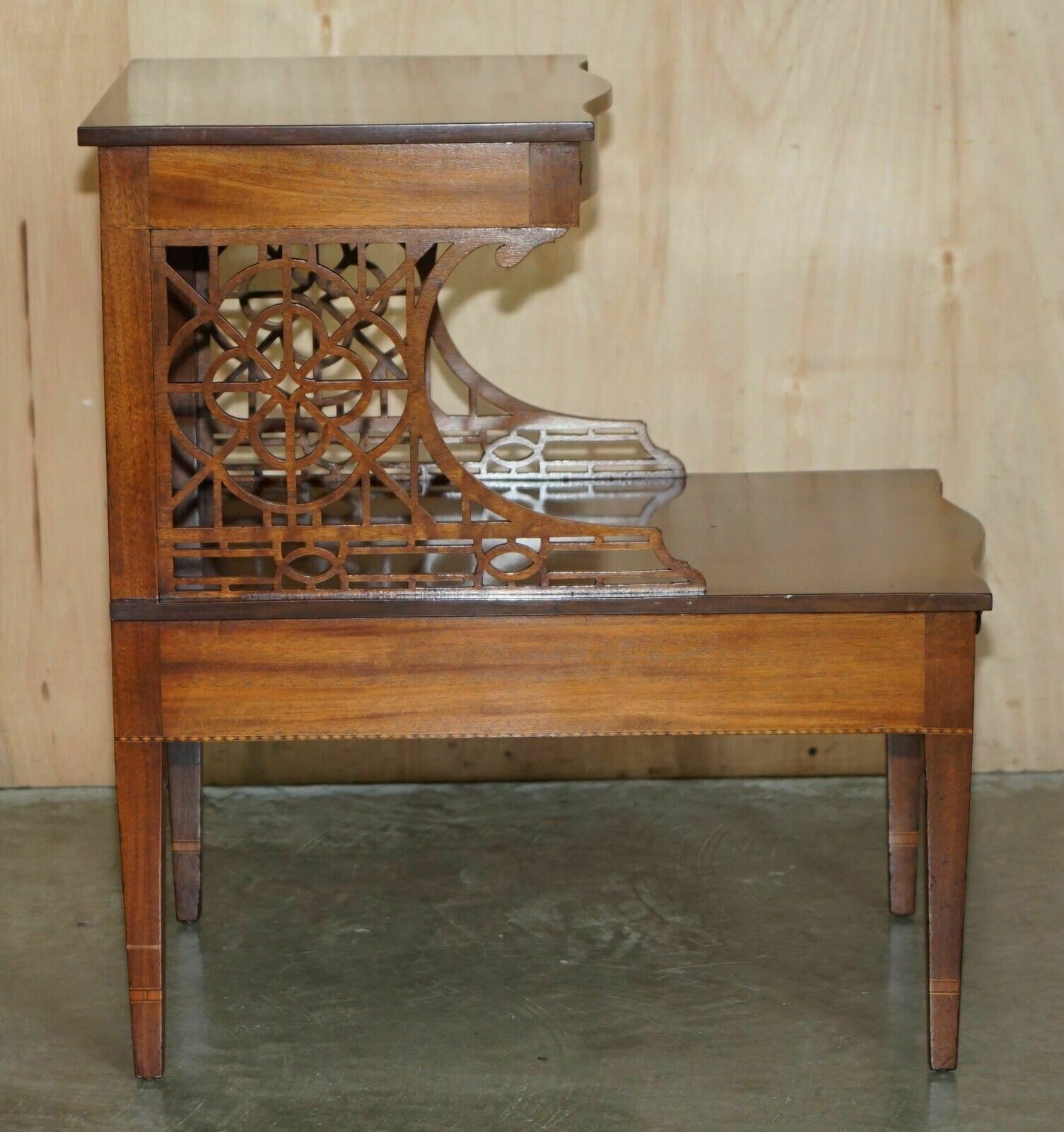 photo for sale Pair Of Walnut Fret Work Carved Thomas Chippendale Sheraton Revival Side Tables