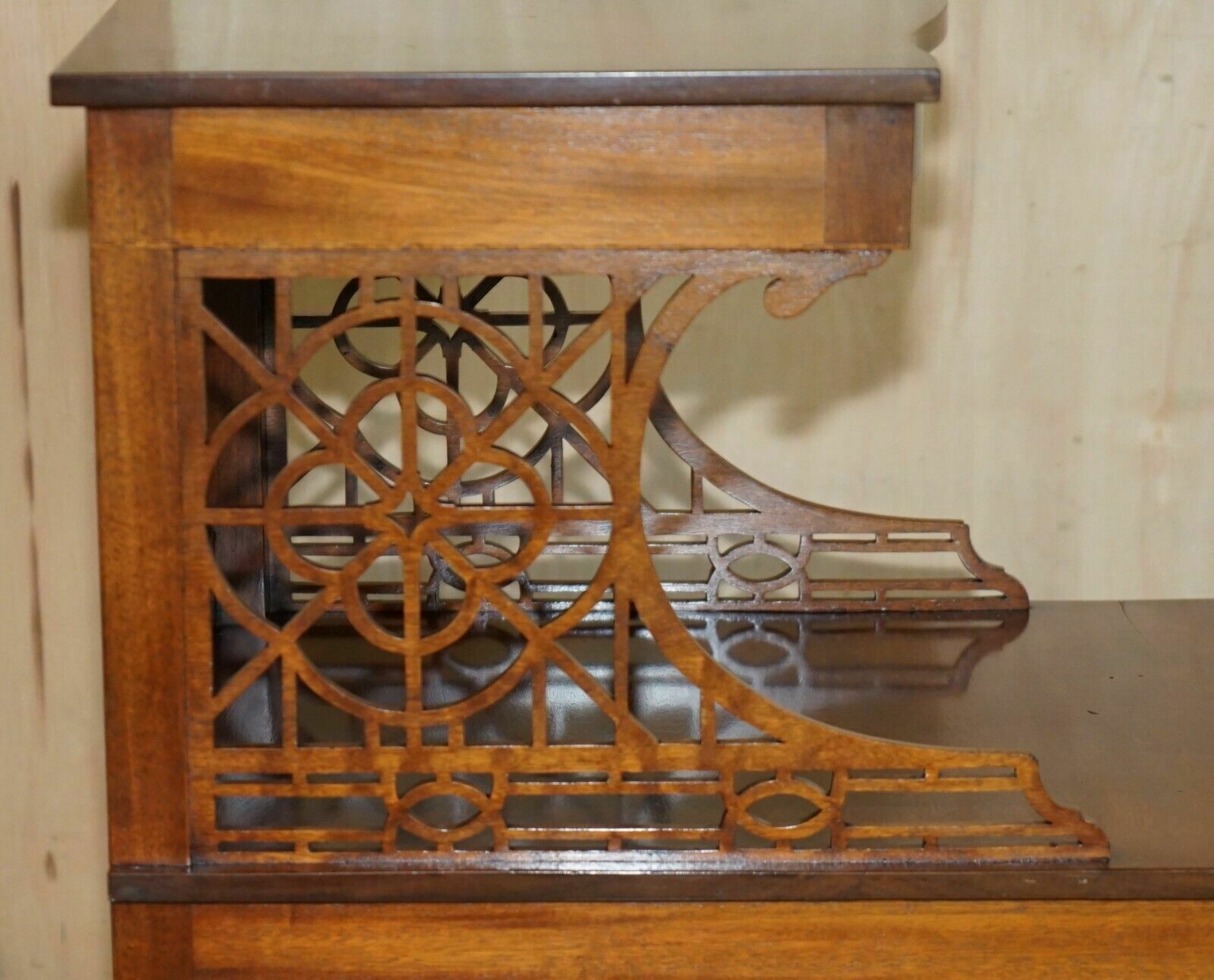 Furniture Pair Of Walnut Fret Work Carved Thomas Chippendale Sheraton Revival Side Tables photo