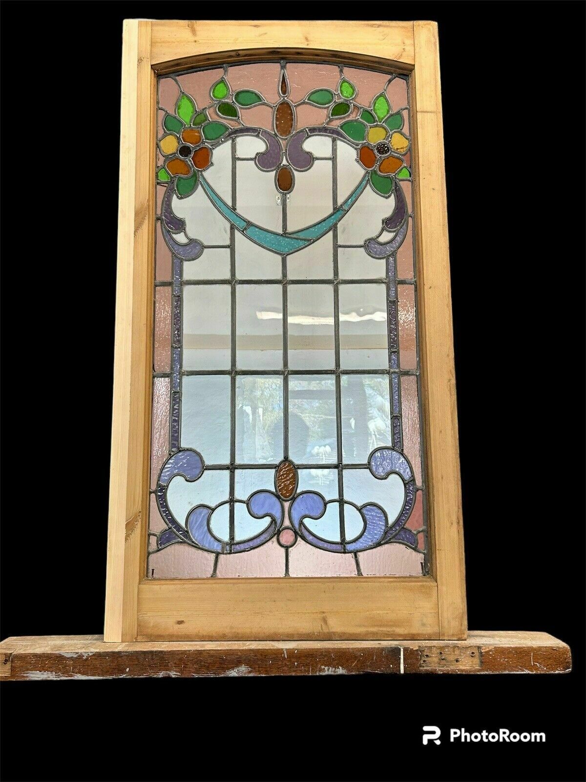 703.0 Victorian Stained Glass Window Panel Old Leaded Antique Reclaimed Art Nouveau photo