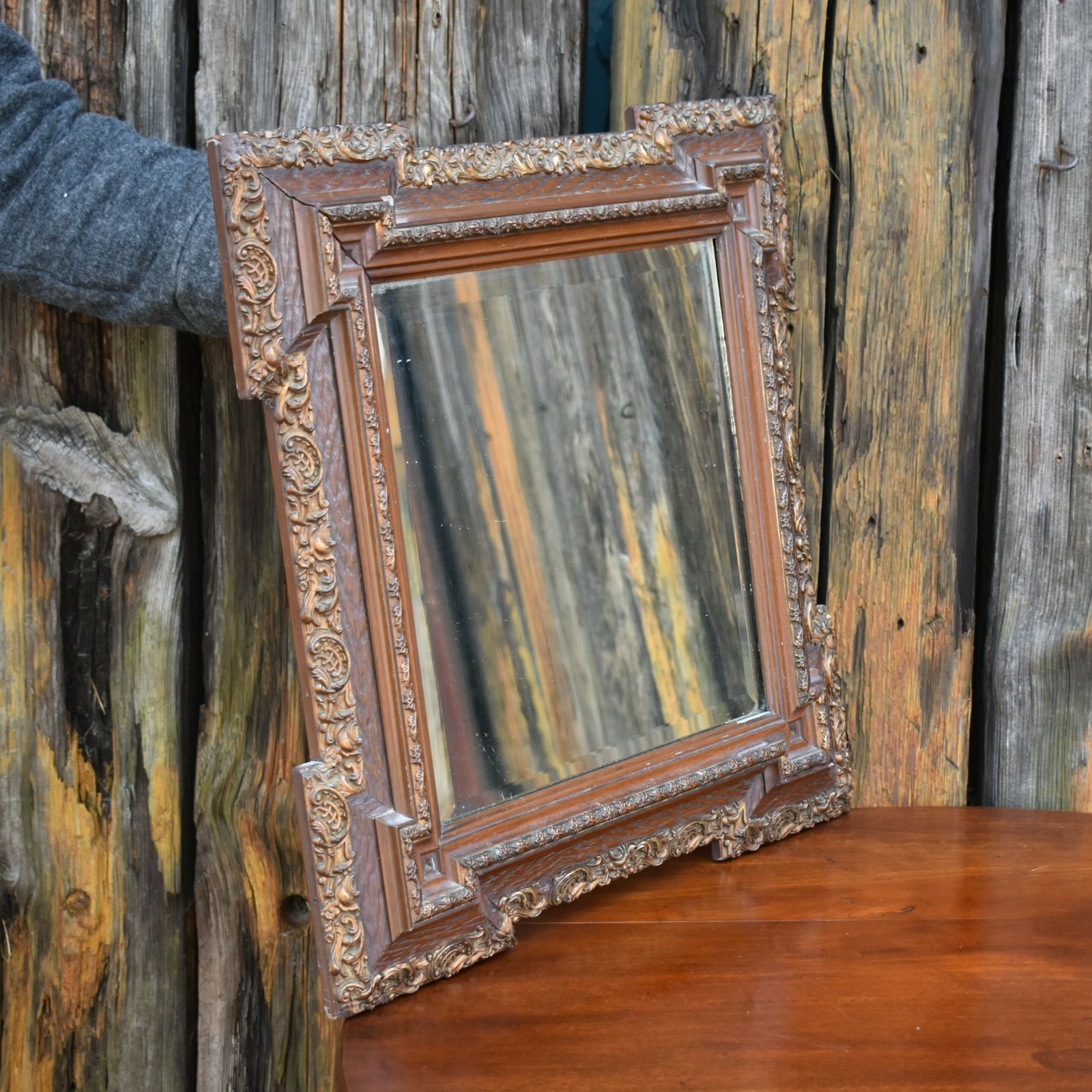 Antique 19th Century Fine Detail Oak And Ormolu Carved Mount Beveled Wall Mirror