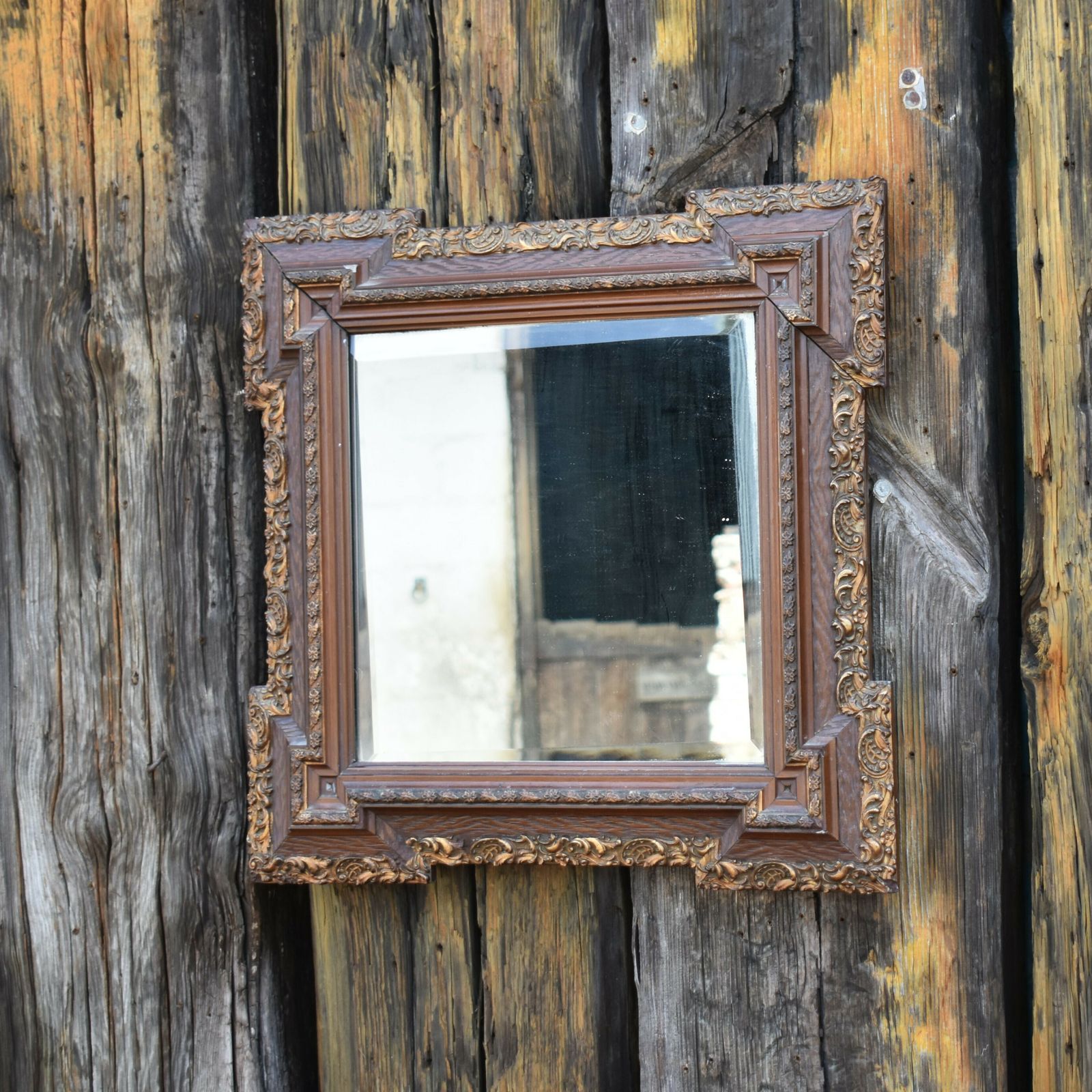 photo furniture Antique 19th Century Fine Detail Oak And Ormolu Carved Mount Beveled Wall Mirror
