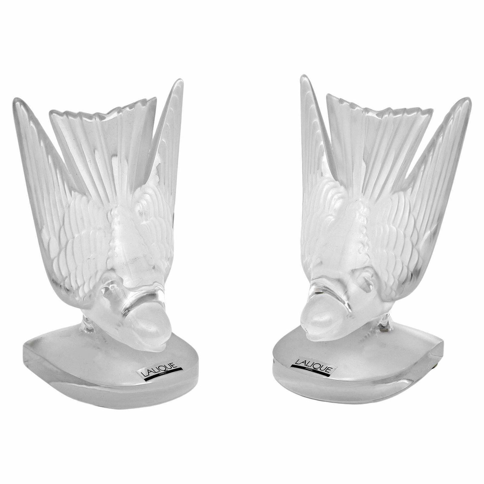 Pair Of Rondini Bookends In Art Deco Crystal By Lalique "Hirondelles" France, 1980s