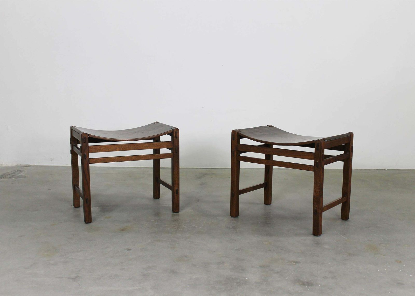 Giuseppe Rivadossi Set Of Two Oak Wood Stools By Officina Rivadossi 1970s photo Furniture
