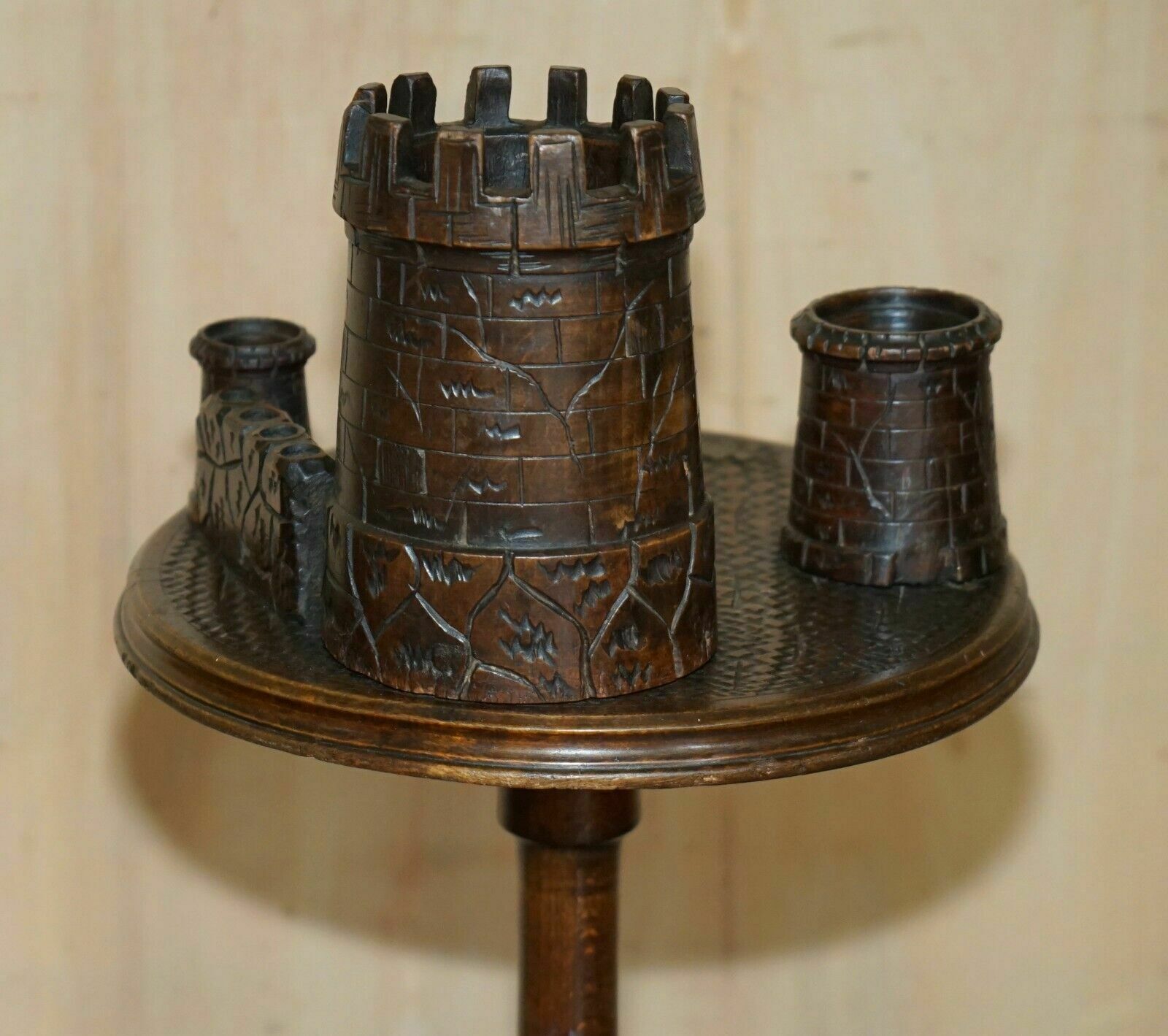 photo vintage Antique Victorian Smokers Side Table Depicting Castles For Pipes Tobacco Cigars