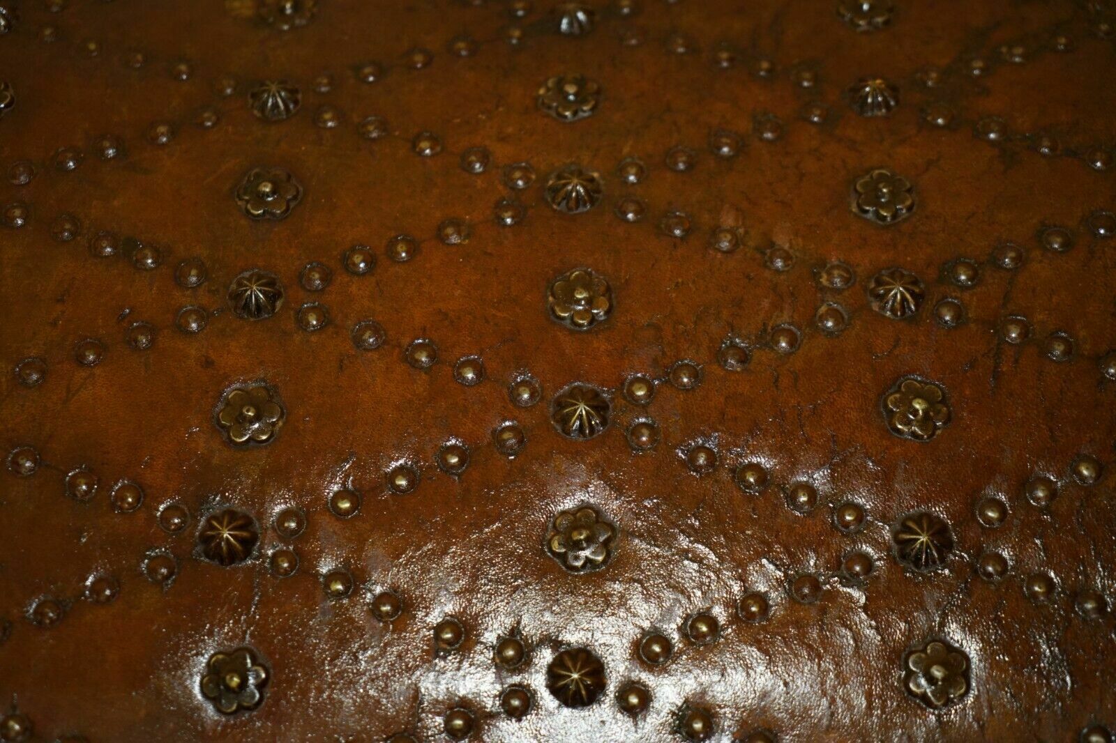 Stunning Restored Antique Victorian Hand Studded Brown Leather Steamer Trunk photo buy