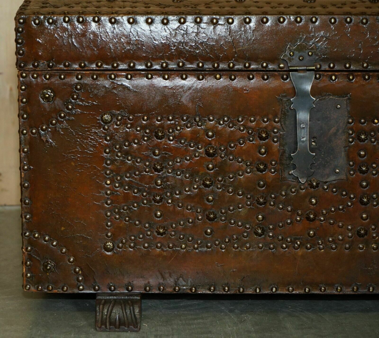 photo furniture Stunning Restored Antique Victorian Hand Studded Brown Leather Steamer Trunk