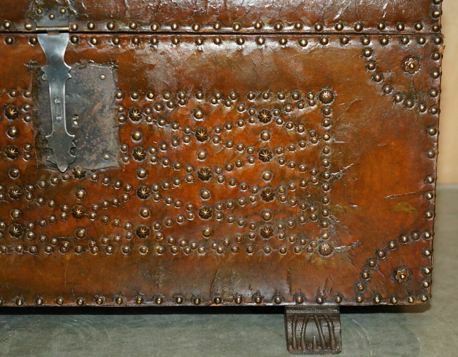 2950.0 Stunning Restored Antique Victorian Hand Studded Brown Leather Steamer Trunk photo