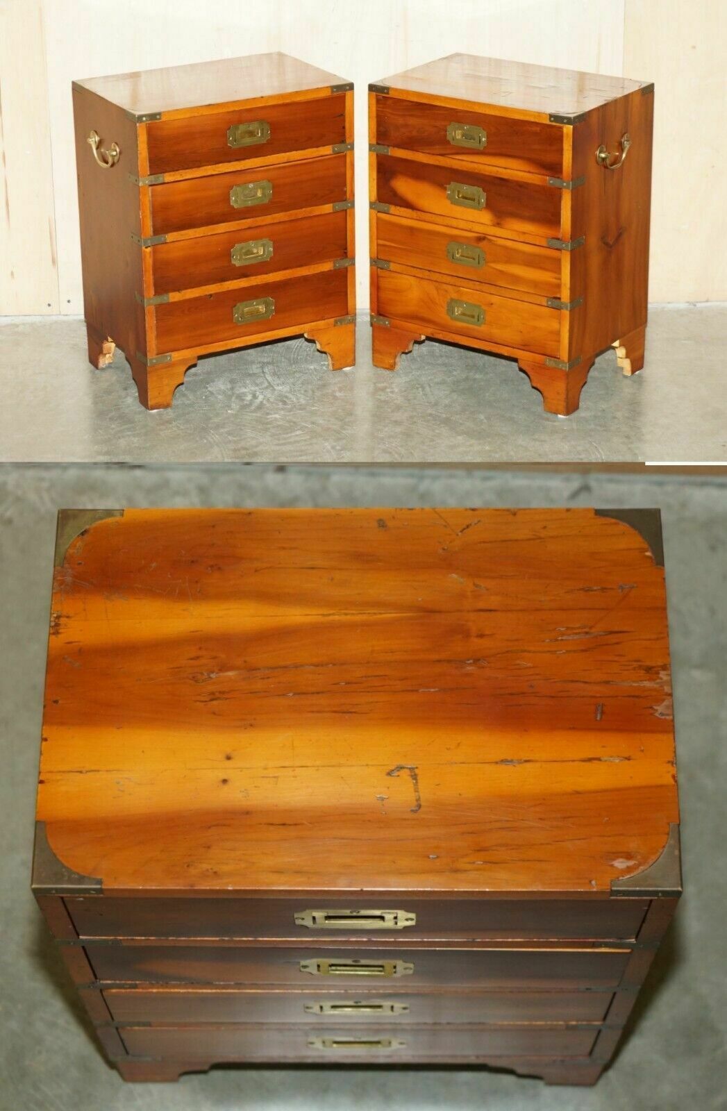 Pair Of Vintage Distressed Military Campaign Burr Yew Wood Side Table Drawers