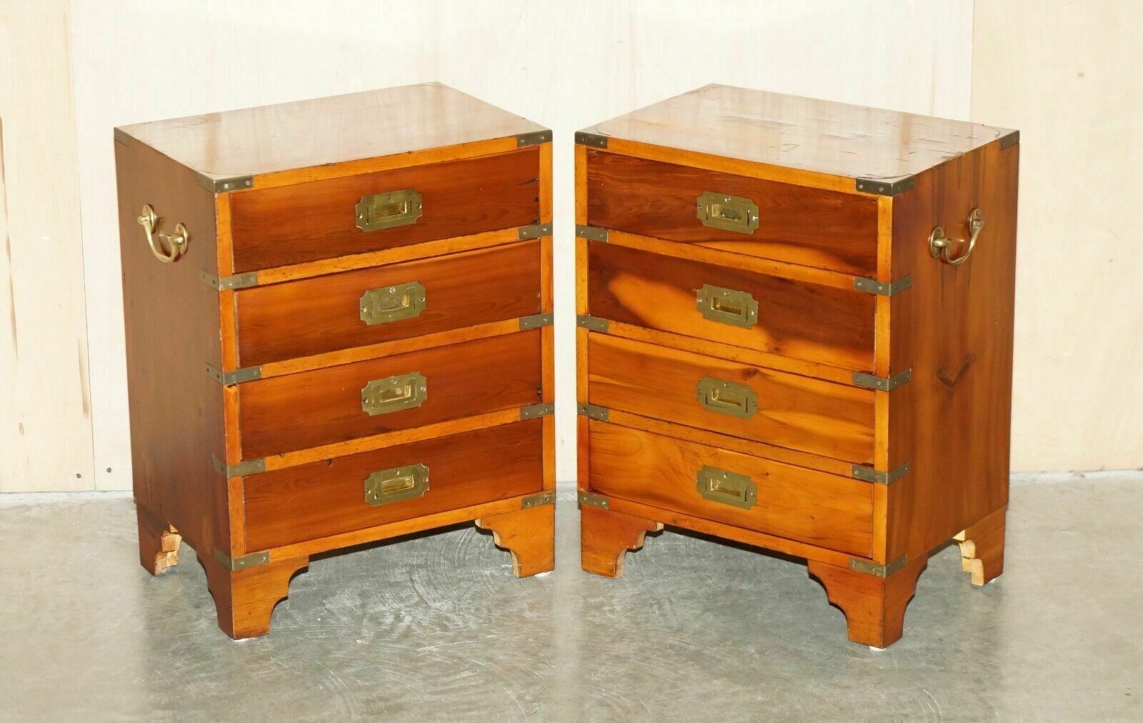 Pair Of Vintage Distressed Military Campaign Burr Yew Wood Side Table Drawers photo furniture