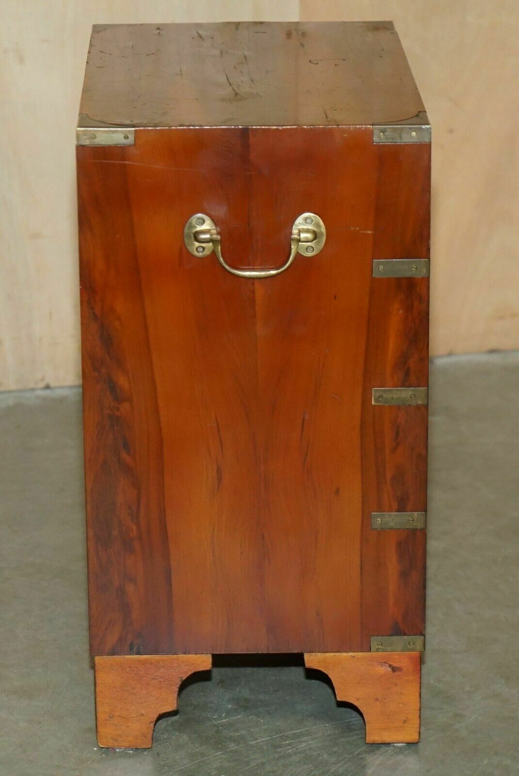 Pair Of Vintage Distressed Military Campaign Burr Yew Wood Side Table Drawers photo buy