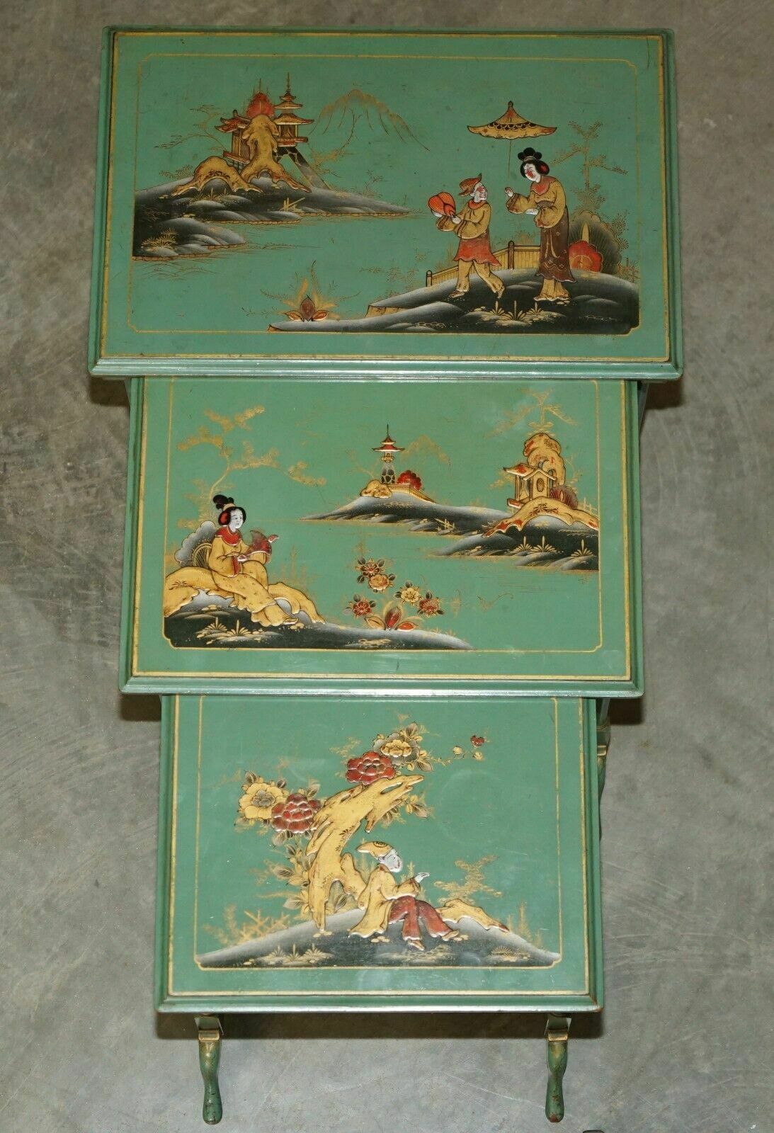 Nest Of Three Antique Circa 1920 Chinese Chinoiserie Side Tables Hand Painted photo for sale