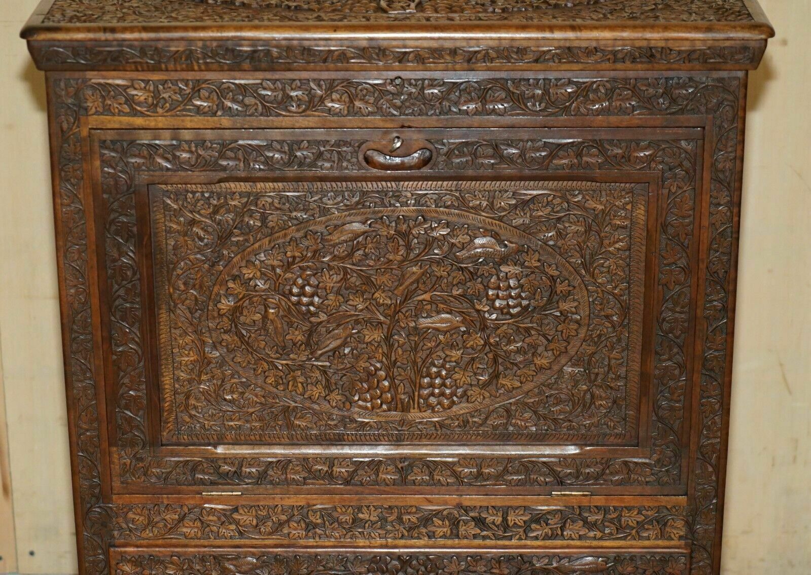 Antique Ornately Carved British Colonial Burmese Drinks Cabinet Bar With Key photo for sale