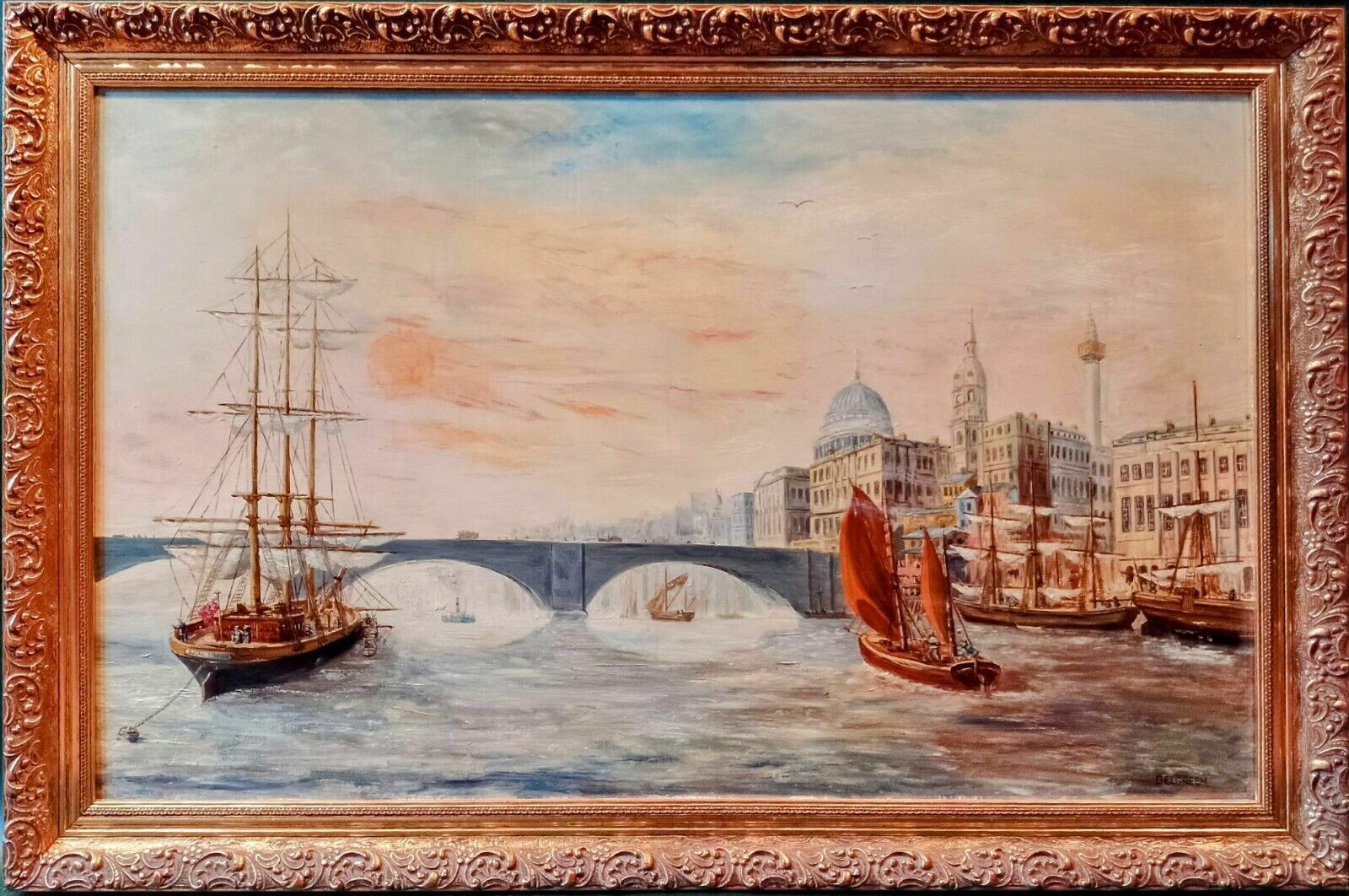Antique Style Large Signed Oil Painting Ships Thames London St Paul's Cathedral