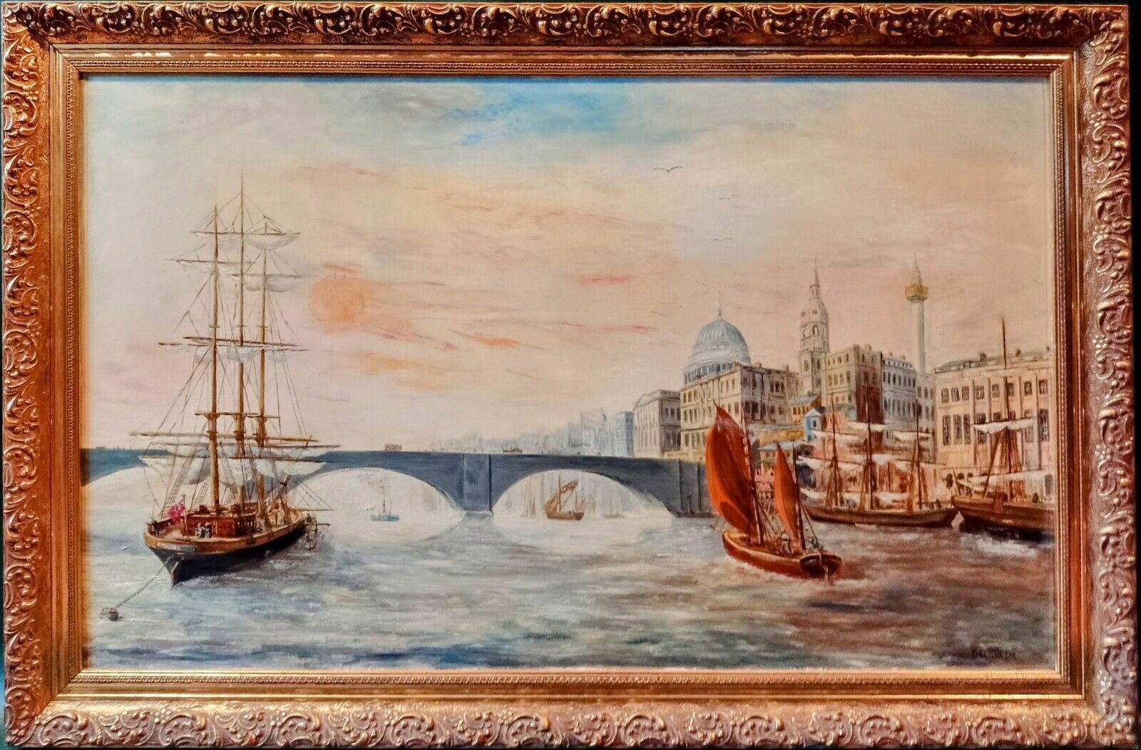 Antique Style Large Signed Oil Painting Ships Thames London St Paul's Cathedral photo for sale