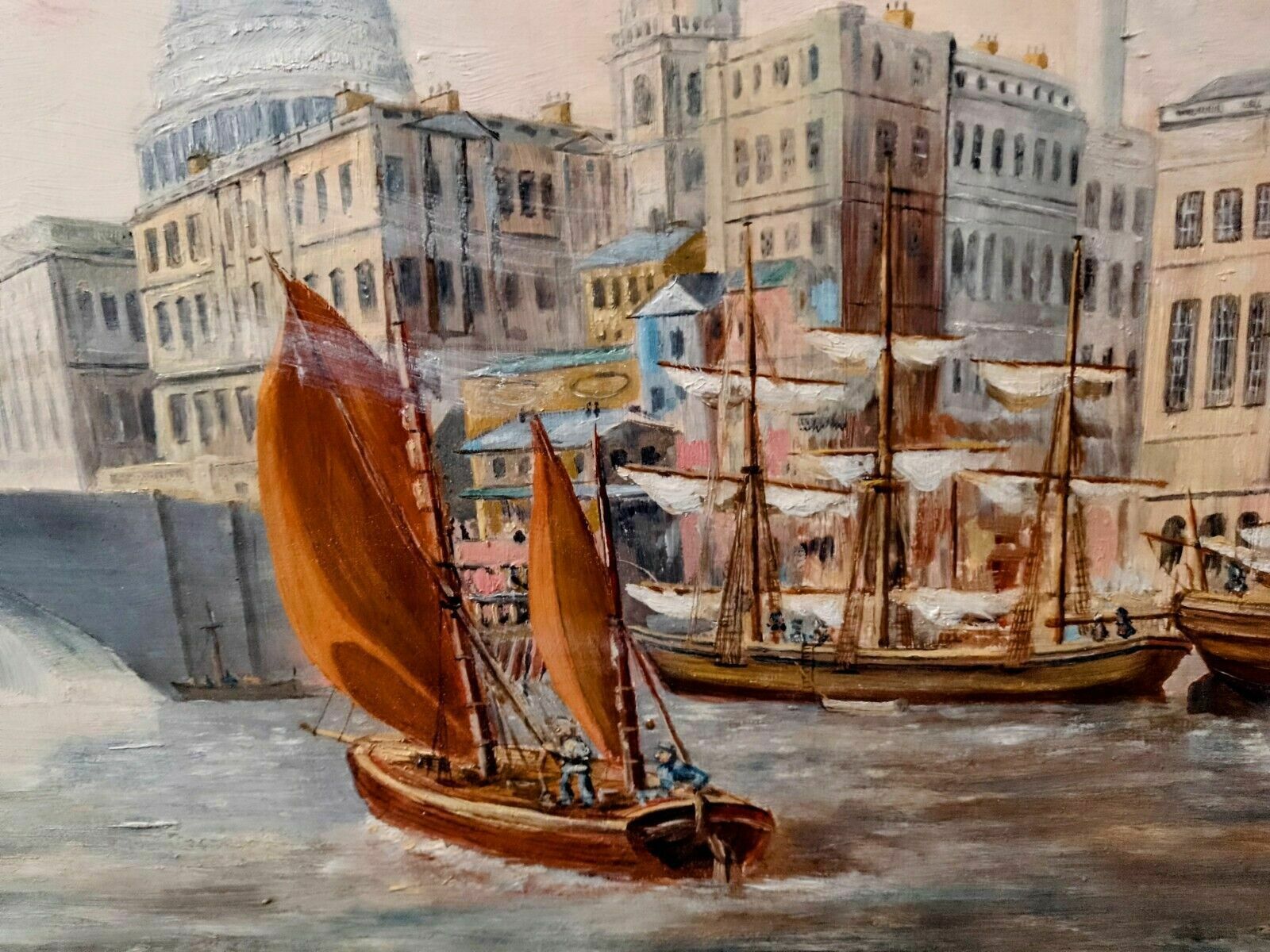 photo buy Antique Style Large Signed Oil Painting Ships Thames London St Paul's Cathedral
