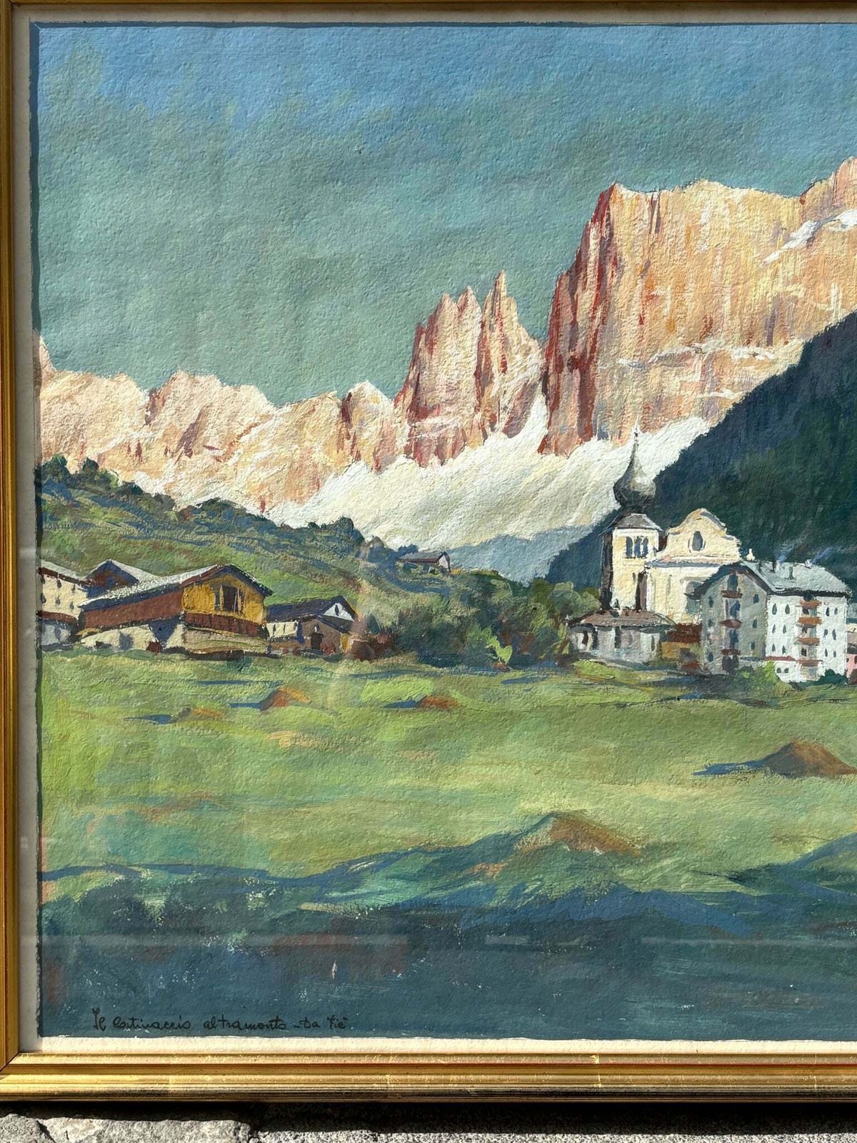 Tempera Paper Painting 'The Catenaccio At Sunset From Fiè' By Fausto Cattaneo From 1950 photo furniture