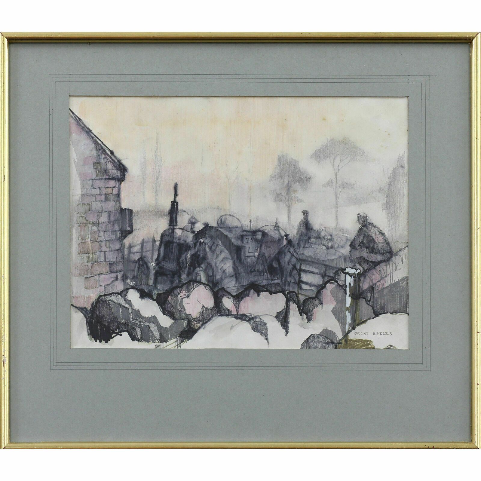 Pen, Pencil And Ink Wash By Robert Bindloss. Rural Scene With Old Tractor