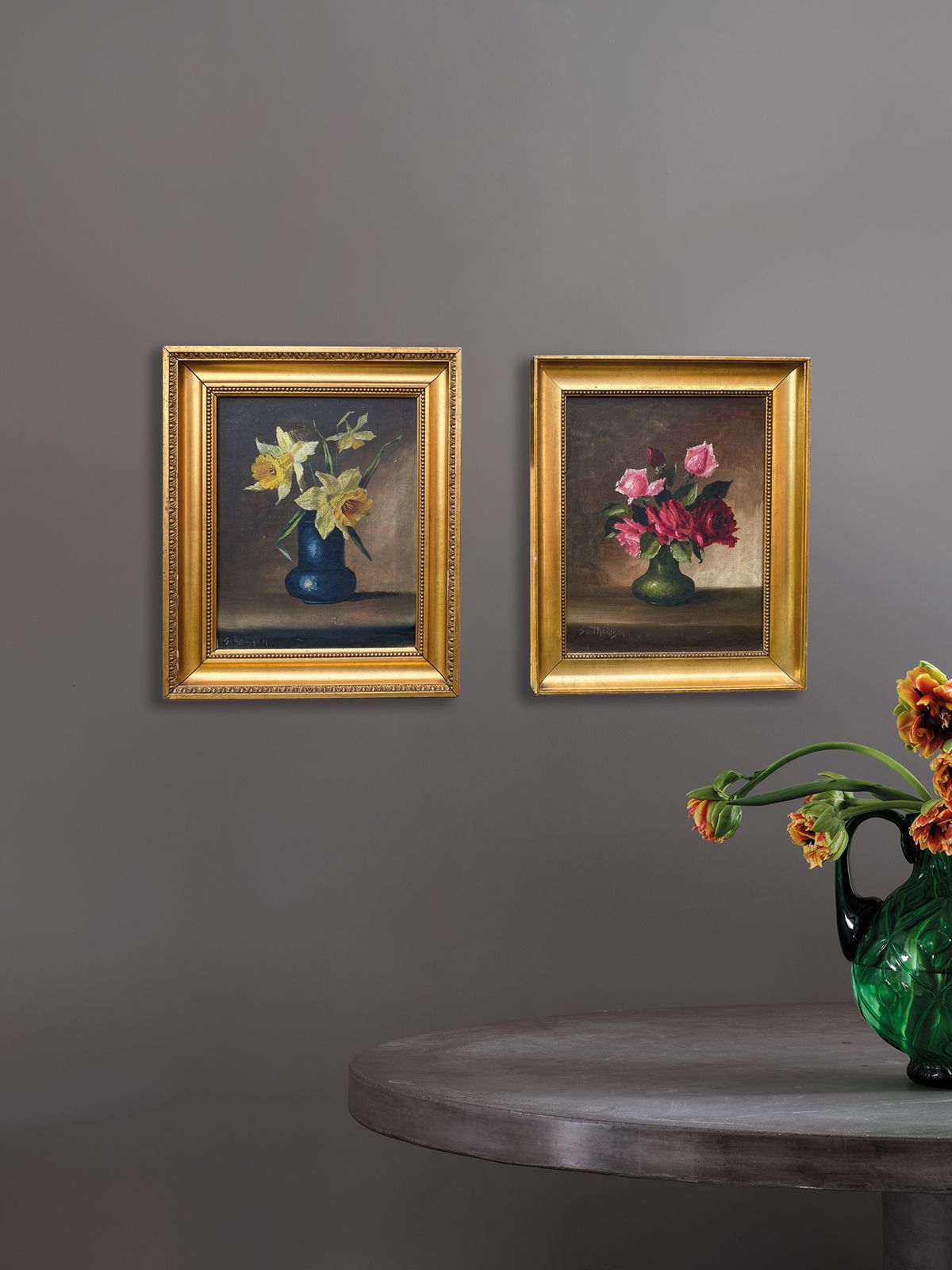 photo vintage A Beautiful Near Pair Framed Danish Art Oil In Canvas 'Flowers In Vases' S. Thomsen C1940s