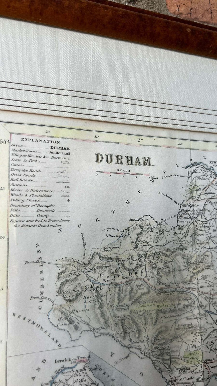 Genuine Early 1800’s Framed Map Of Durham County [ Hand Coloured Engraving By J. Archer ] photo Art