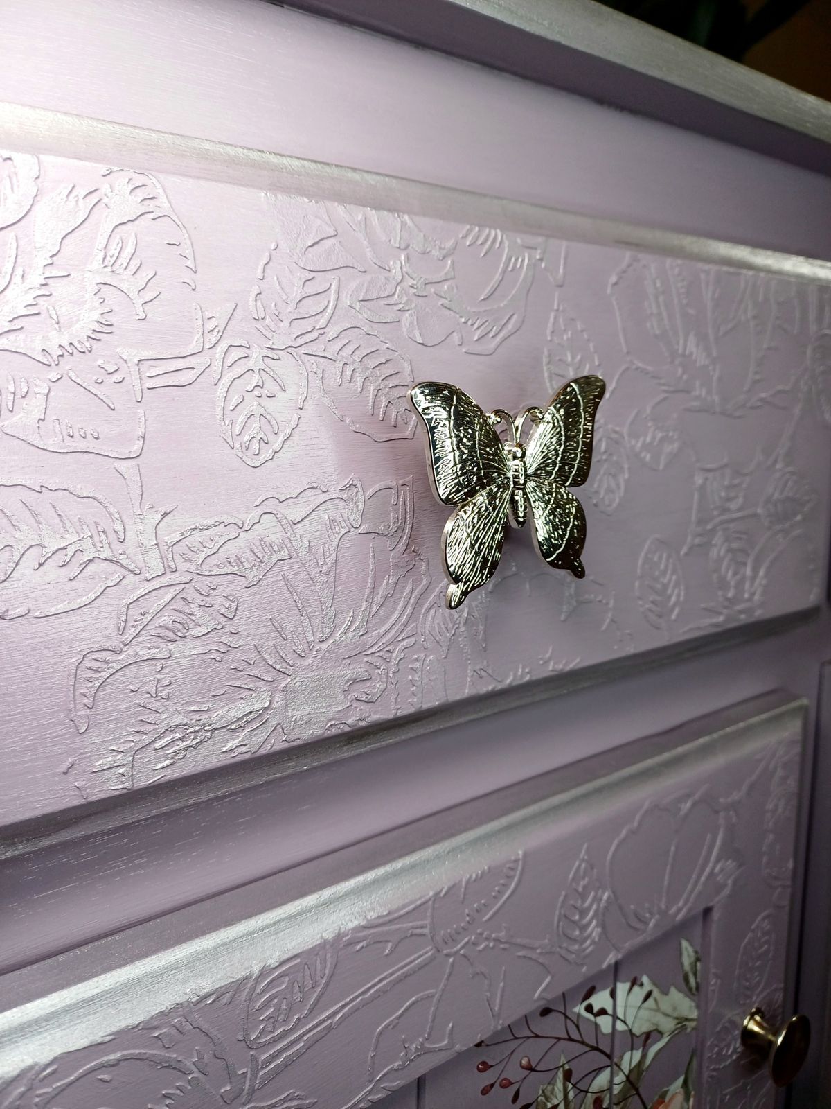 595.0 Upcycled Lilac And Silver Pine Cupboard photo