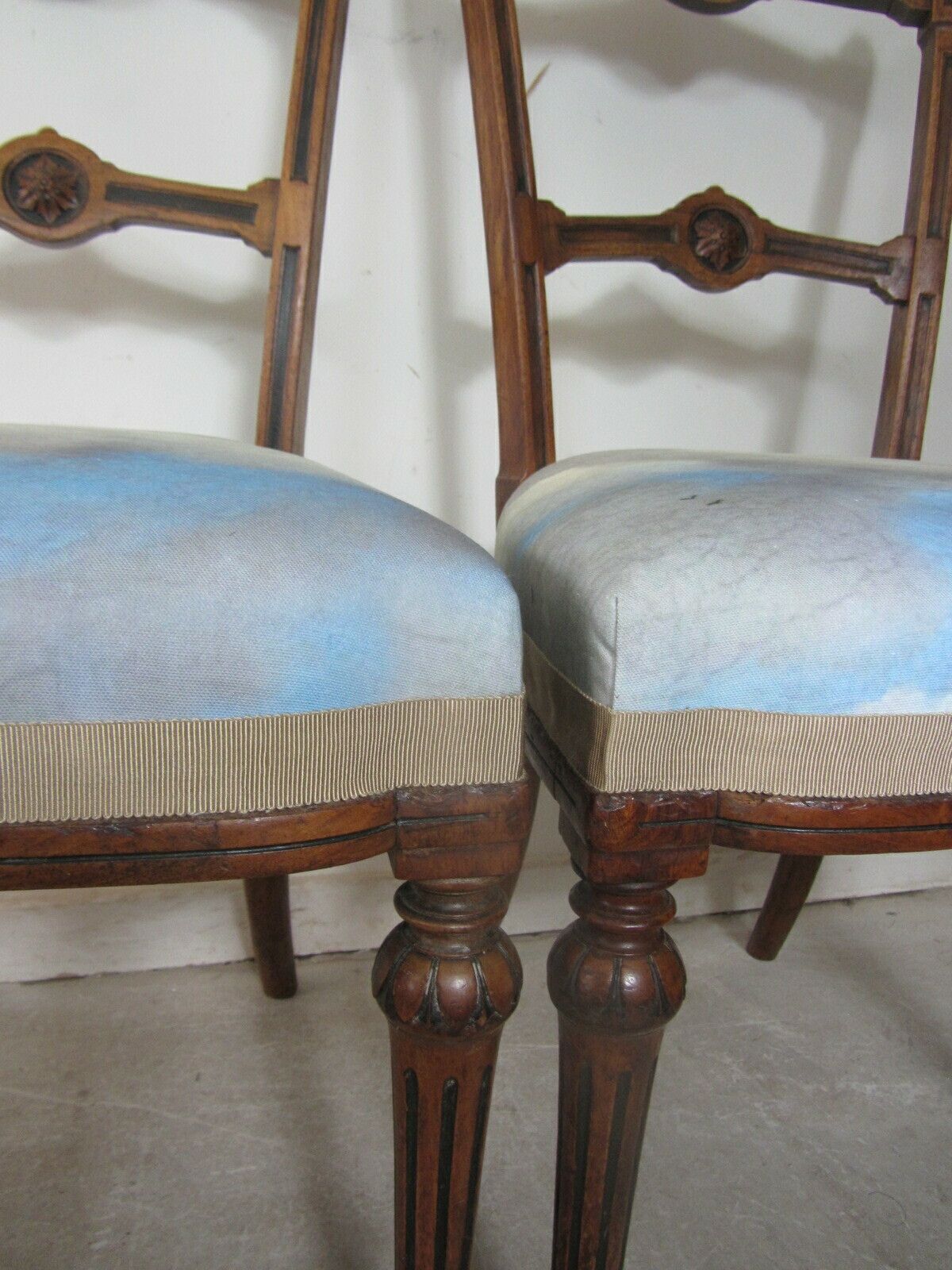 Pair Of Antique Aesthetic Movement Dining Chairs, Traditionally Upholstered With Blue Cloudscape Cotton Fabric photo vinterior