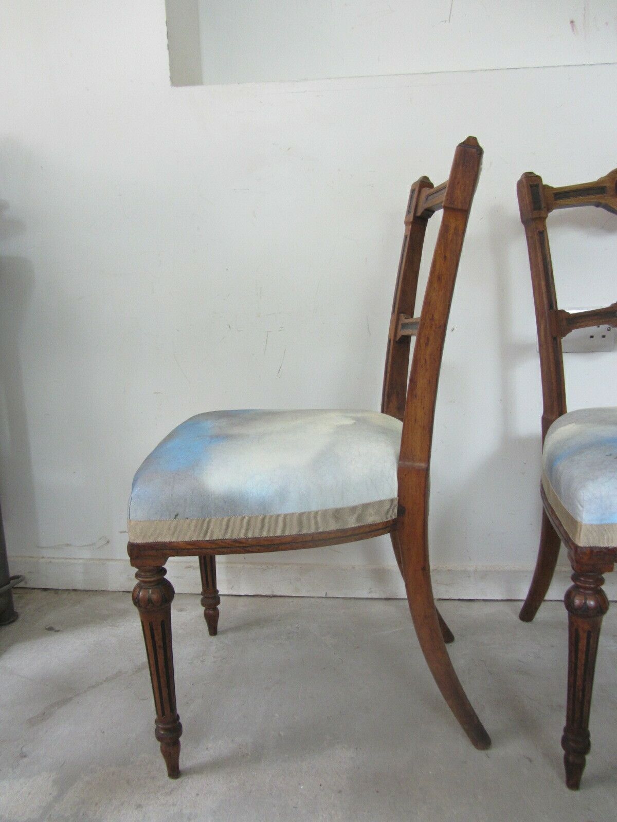 Pair Of Antique Aesthetic Movement Dining Chairs, Traditionally Upholstered With Blue Cloudscape Cotton Fabric photo buy