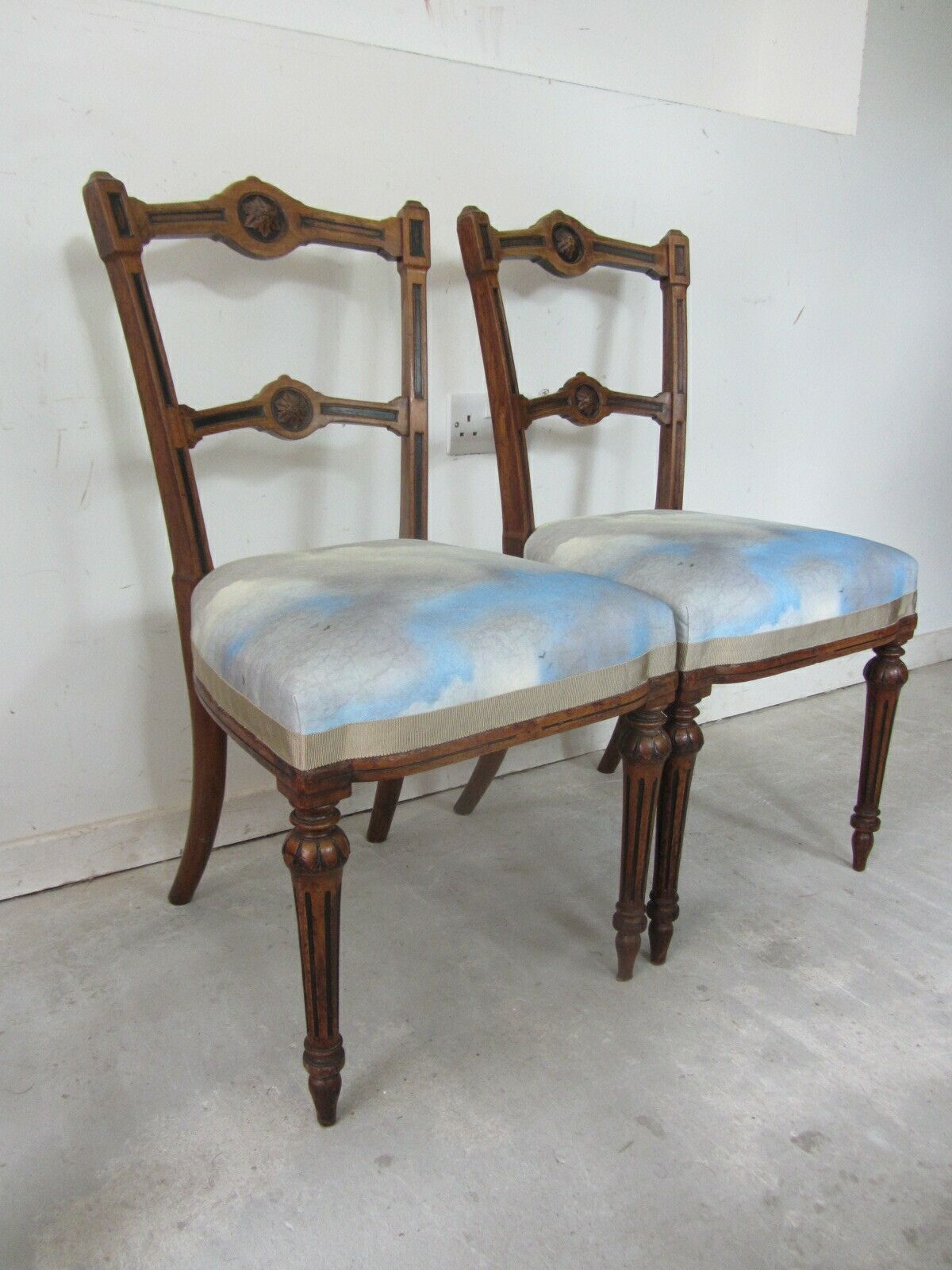 Furniture Pair Of Antique Aesthetic Movement Dining Chairs, Traditionally Upholstered With Blue Cloudscape Cotton Fabric photo