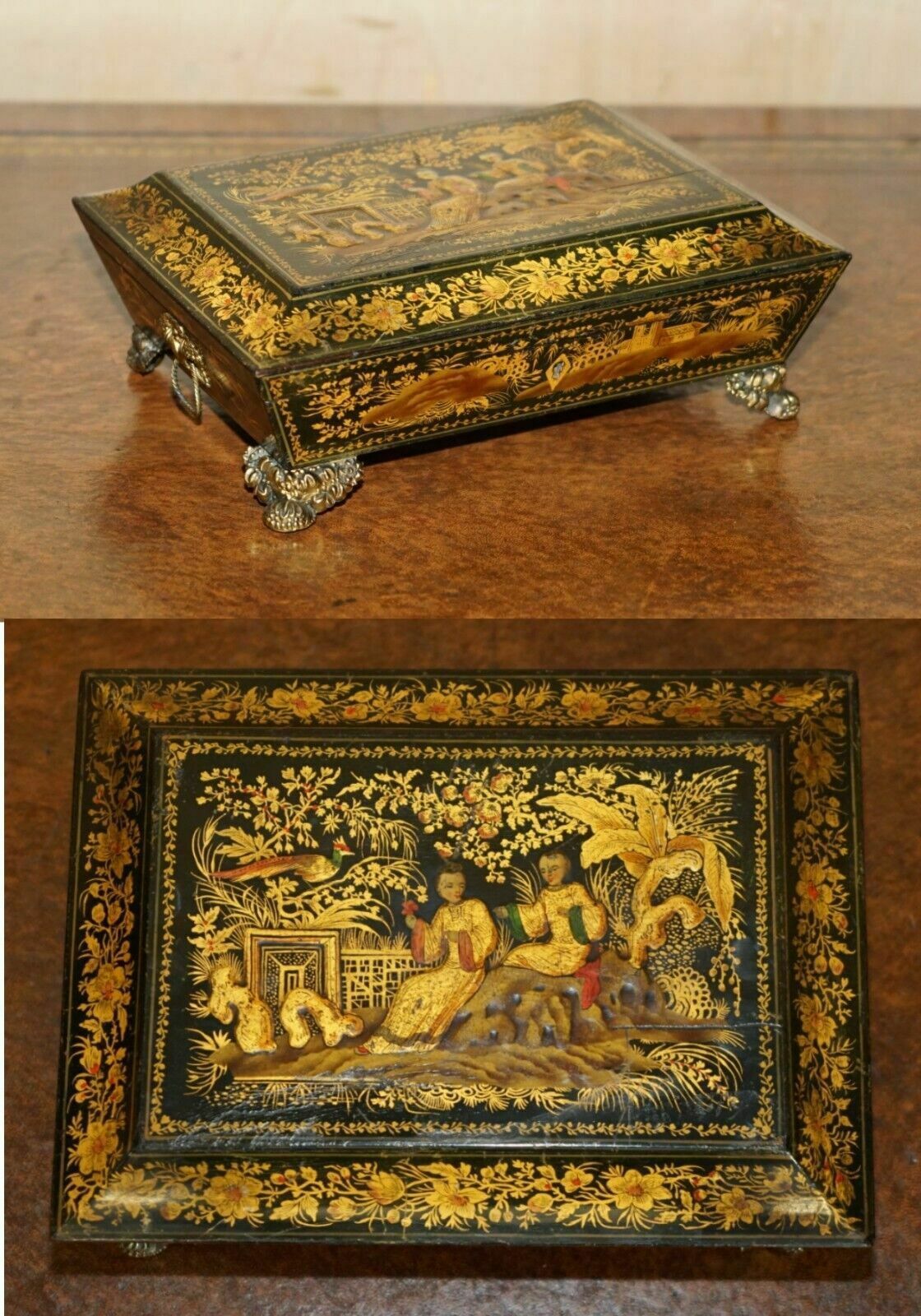 Sublime Antique English Georgian 1820 Chinese Chinoiserie Penwork Jewellery Box