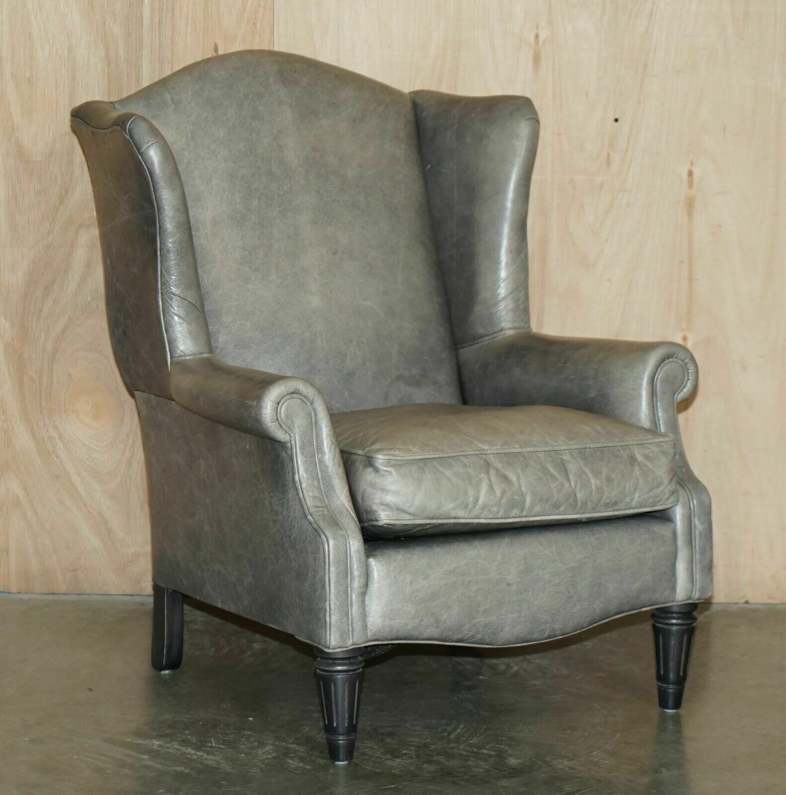 Luxury Pair Of Contemporary Grey Blue Leather Wingback Armchairs Ebonised Legs photo furniture