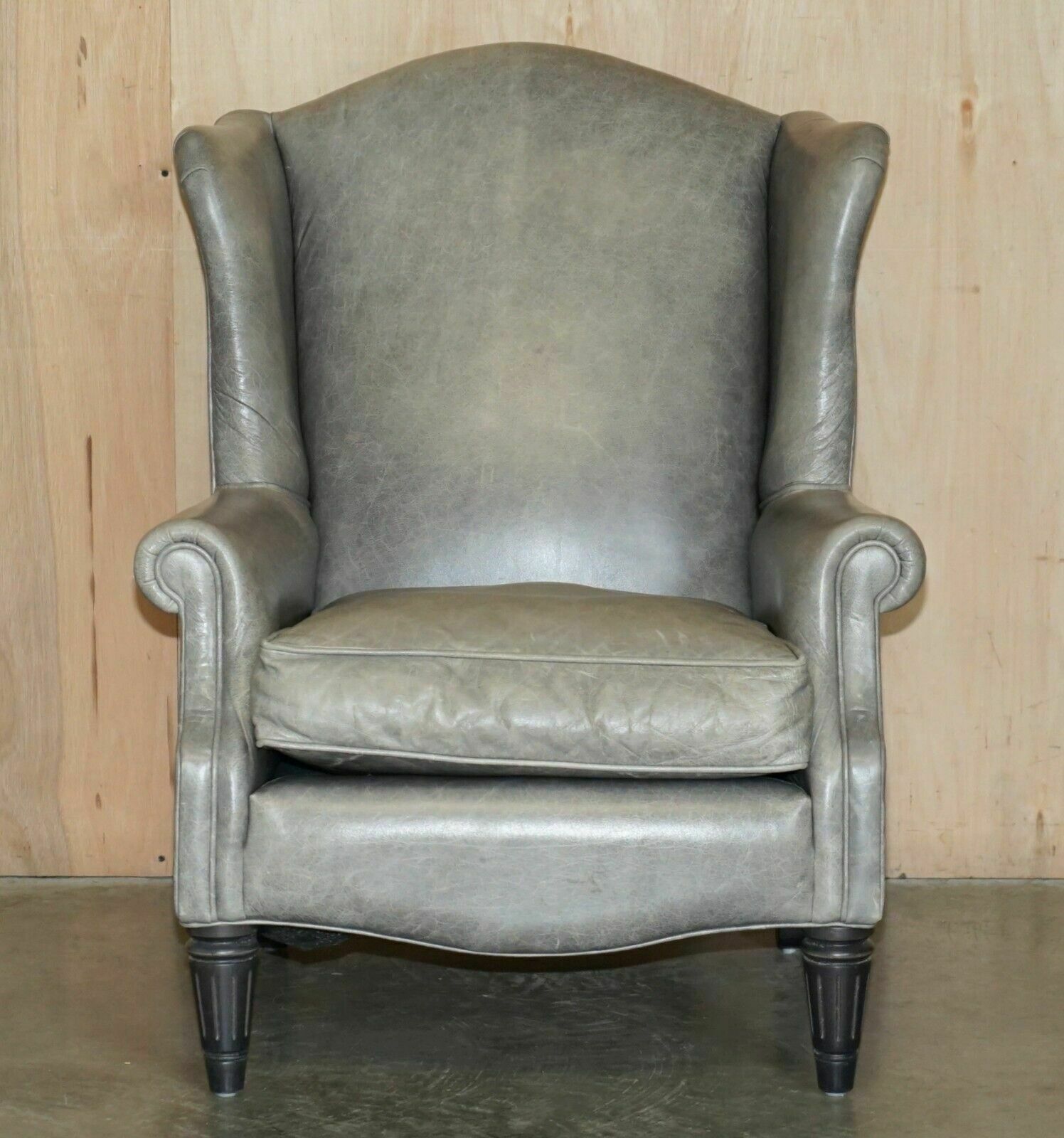 Luxury Pair Of Contemporary Grey Blue Leather Wingback Armchairs Ebonised Legs photo for sale