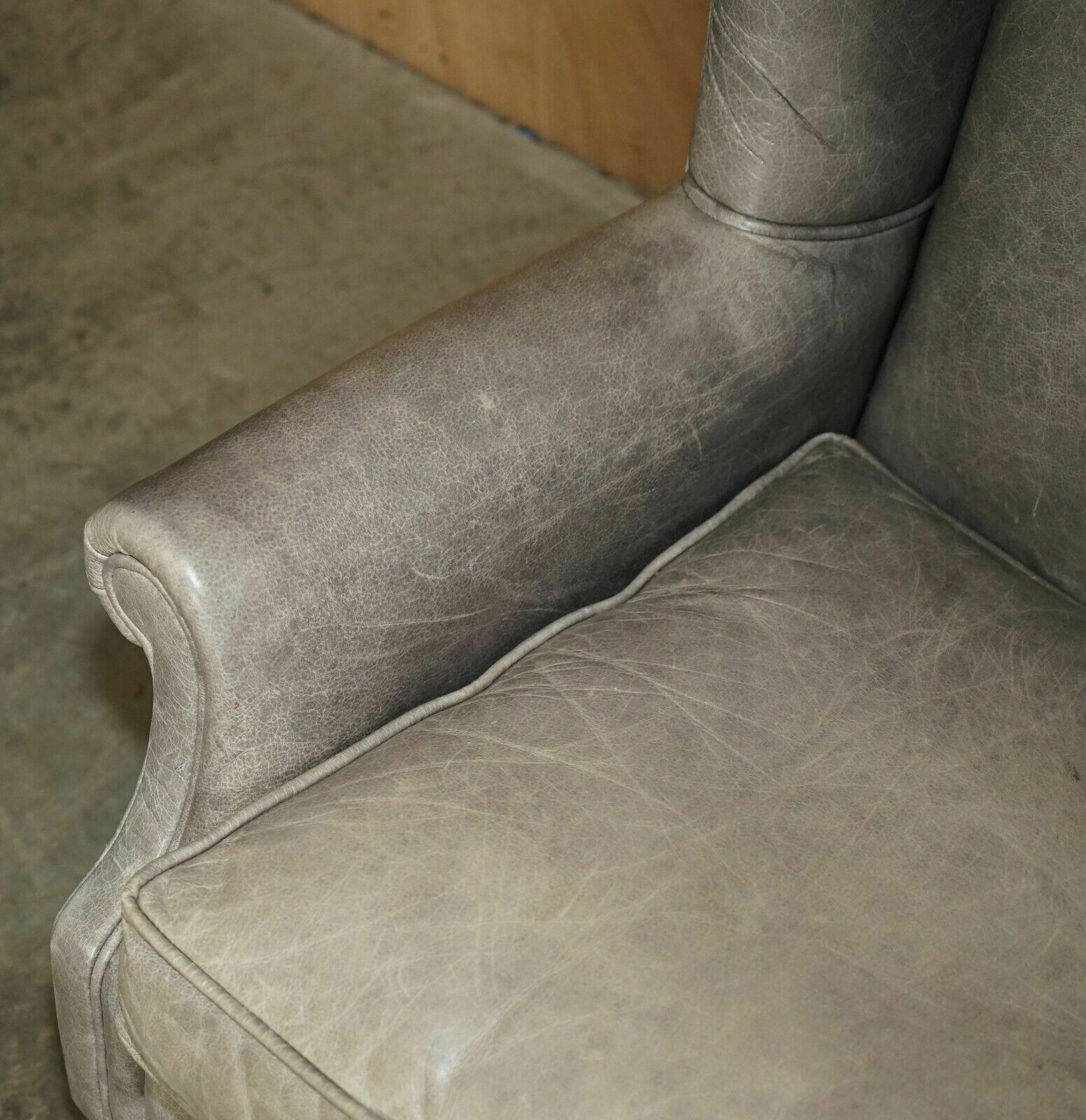 Luxury Pair Of Contemporary Grey Blue Leather Wingback Armchairs Ebonised Legs photo buy