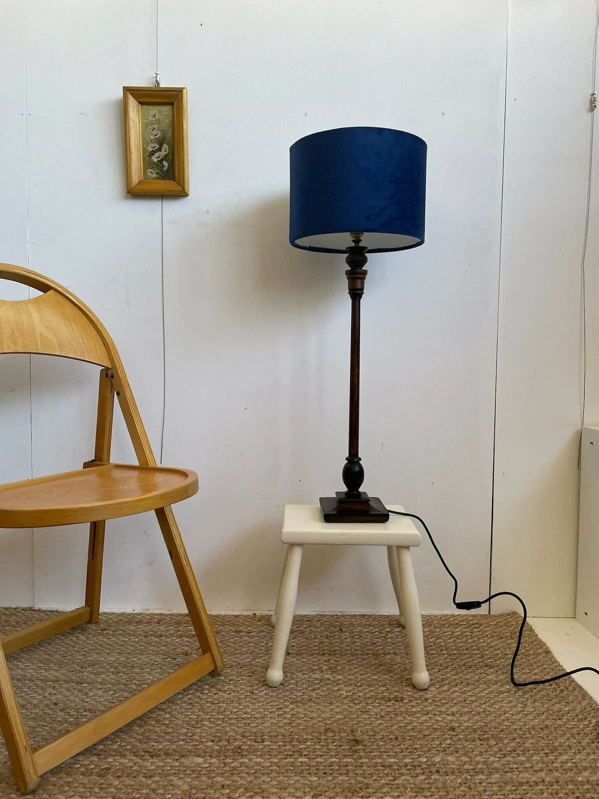 Tall Slim Vintage Wooden Table Lamp With Blue Velvet Drum Shade