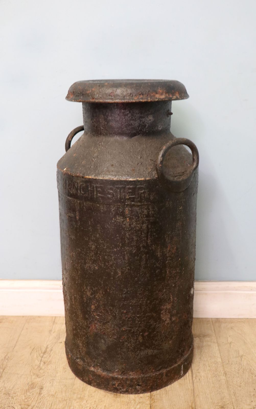A Wonderful Vintage Iron Milk Churn From The Manchester Area. photo vintage