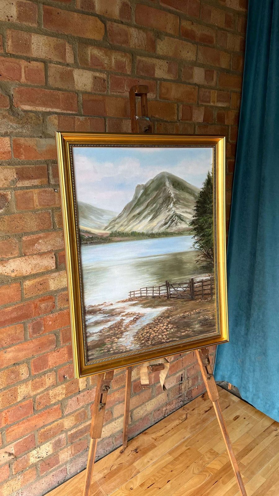 Original Signed & Framed Landscape Oil Painting Depicting A Lake By A Mountain