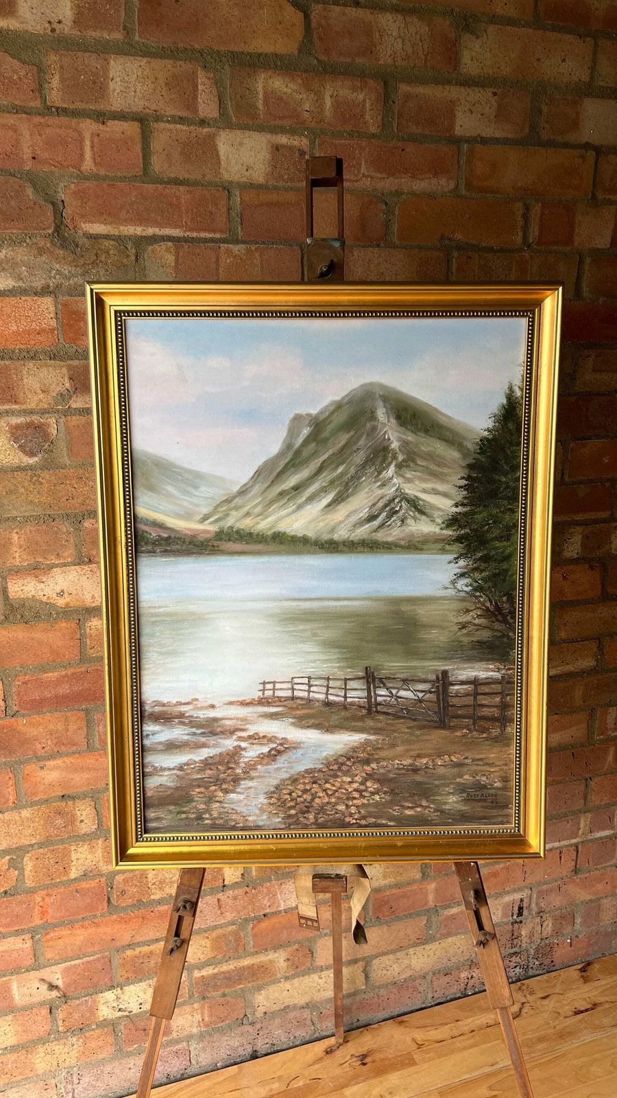 Original Signed & Framed Landscape Oil Painting Depicting A Lake By A Mountain photo furniture