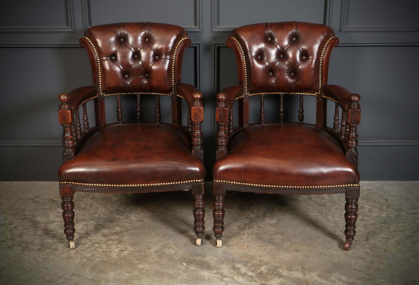 Pair Of Victorian Mahogany & Buttoned Leather Captains Desk Chairs photo furniture