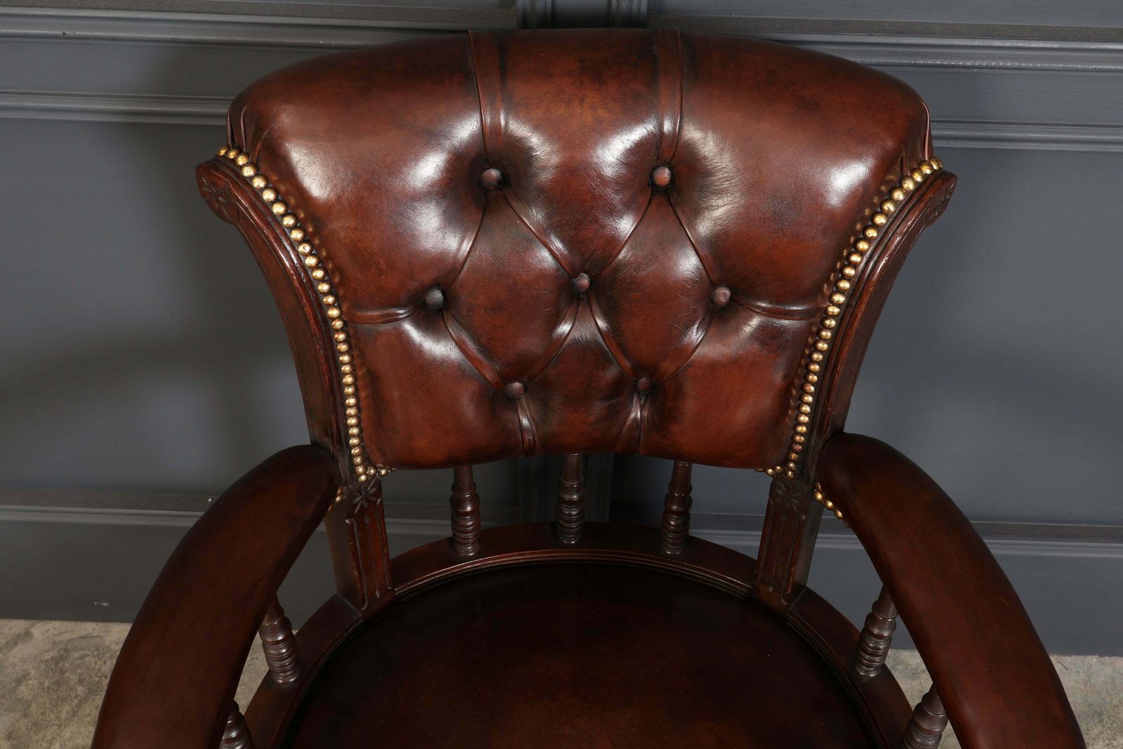 Pair Of Victorian Mahogany & Buttoned Leather Captains Desk Chairs photo vintage