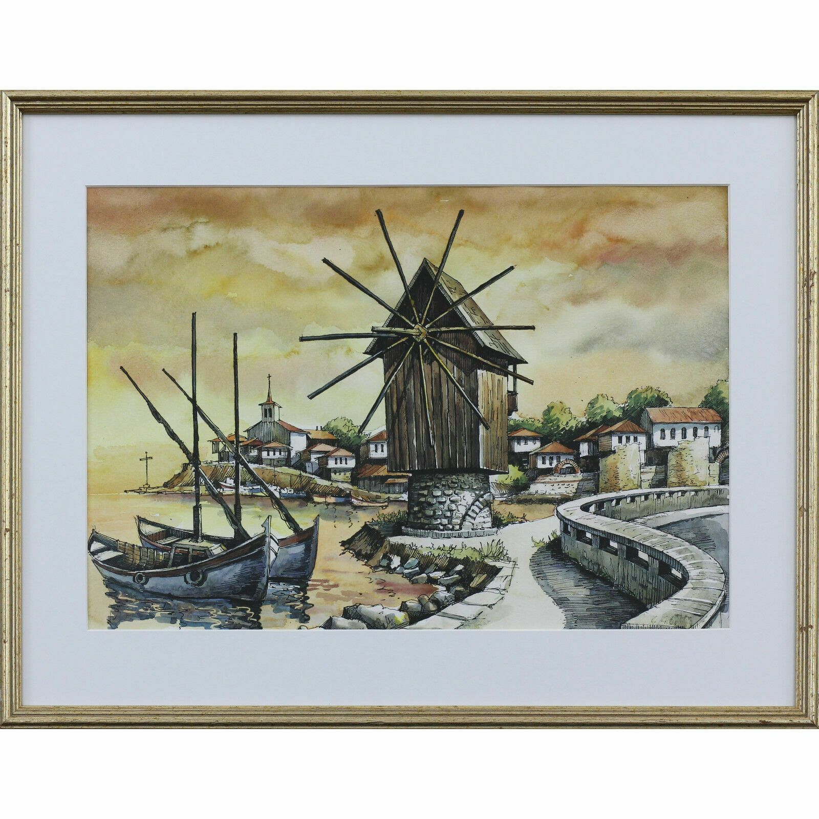 Print With Ink Wash And Pen Highlights. Nessebar Windmill, Bulgaria